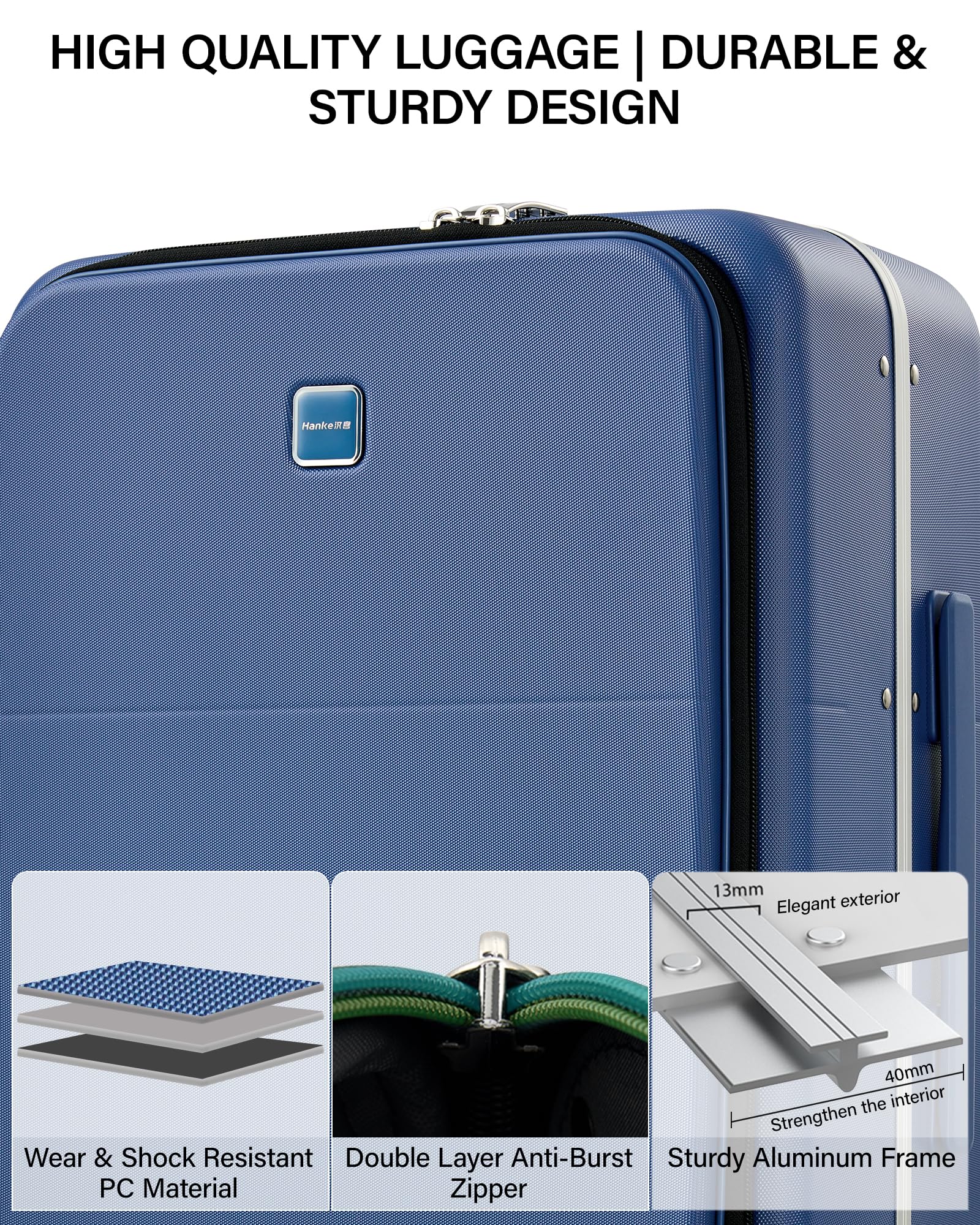 Hanke 28 Inch Top Opening Hard Shell Checked Luggage, PC Aluminum Frame Large Trunk Luggage with Cup Holder & USB Ports, TSA Lock, 8 Silent Spinner Wheels, Removable Divider, Interstellar Blue
