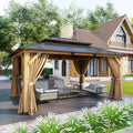 Aoxun 12' x 16' Outdoor Wood Gazebo with Double Polycarbonate Top, Hardtop Gazebo Permanent Wooden Pavilion with Breathable Netting and Privacy Curtain for Patio, Garden, Deck, Cedar Wood, Natural