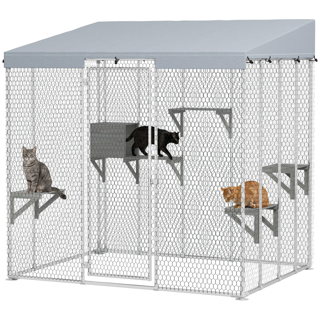 PawHut Catio Outdoor Cat Enclosure, 79" Large Walk-in Cat House with Waterproof Cover, Resting Box, 5 Jumping Platforms, Chicken Run Coop, Rabbit Hutch, Feral Cat Shelter Sloped Roof
