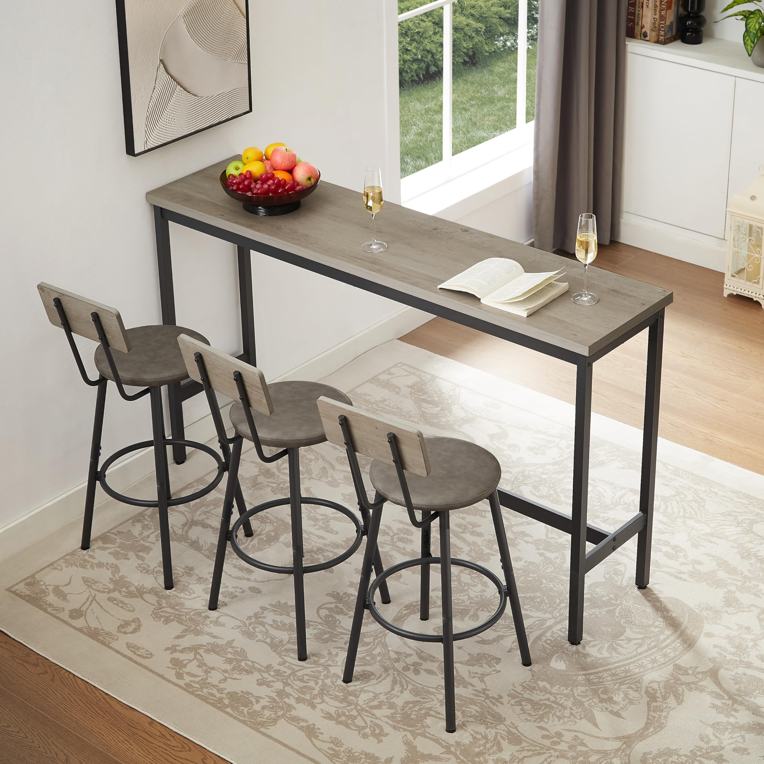 KEIKI Long Bar Table Set with 3 PU Upholstered Bar Stools, Industrial Counter Height Dining Table and Chair Sets for Kitchen, Living Room, Small Space, Grey
