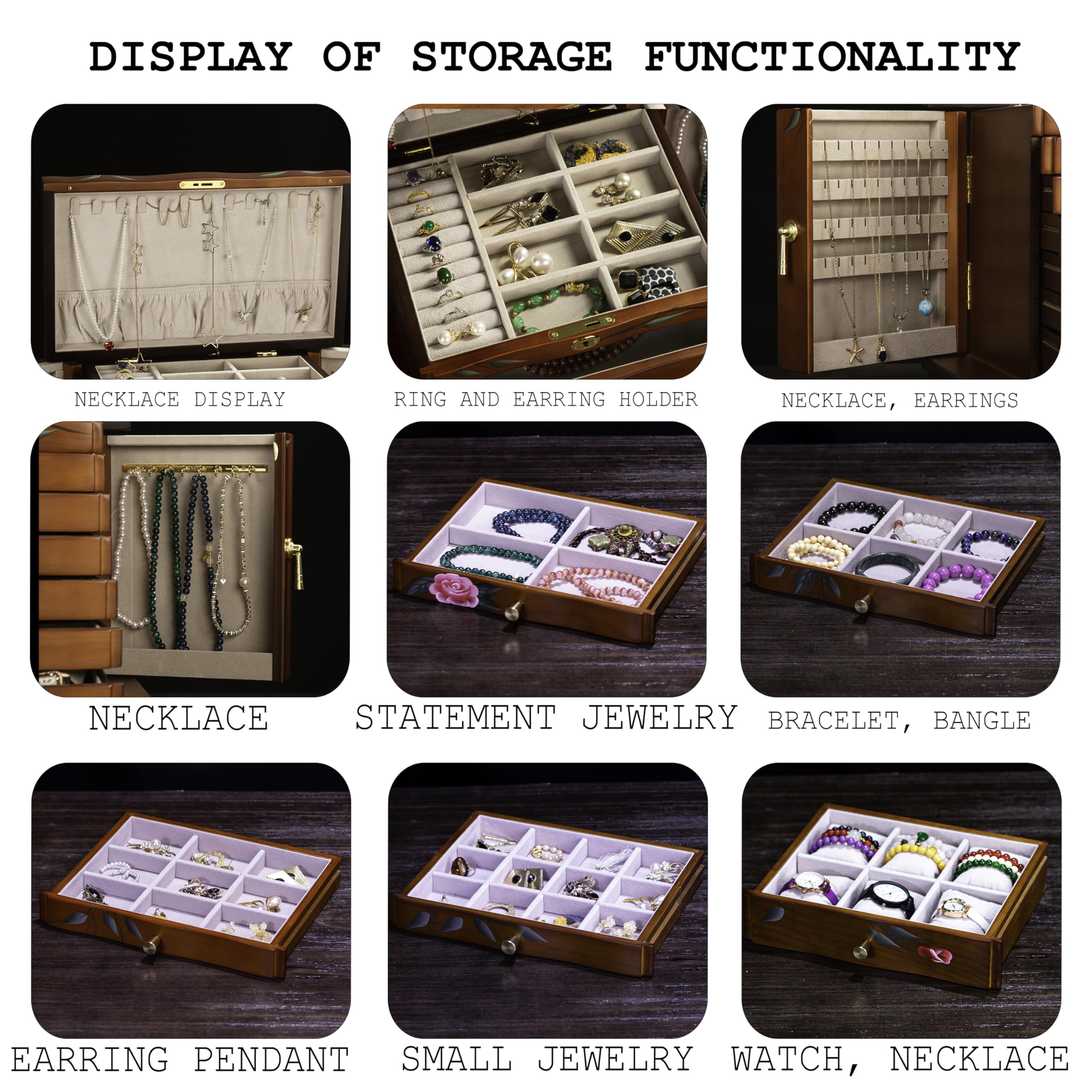 Xloverise Hand-Painted Wooden Jewelry Box,jewelry boxes for women，jewlrey box&organizers with necklace hanger,jewerly organizer,10-layer large capacity jewelry storage box for jewelry