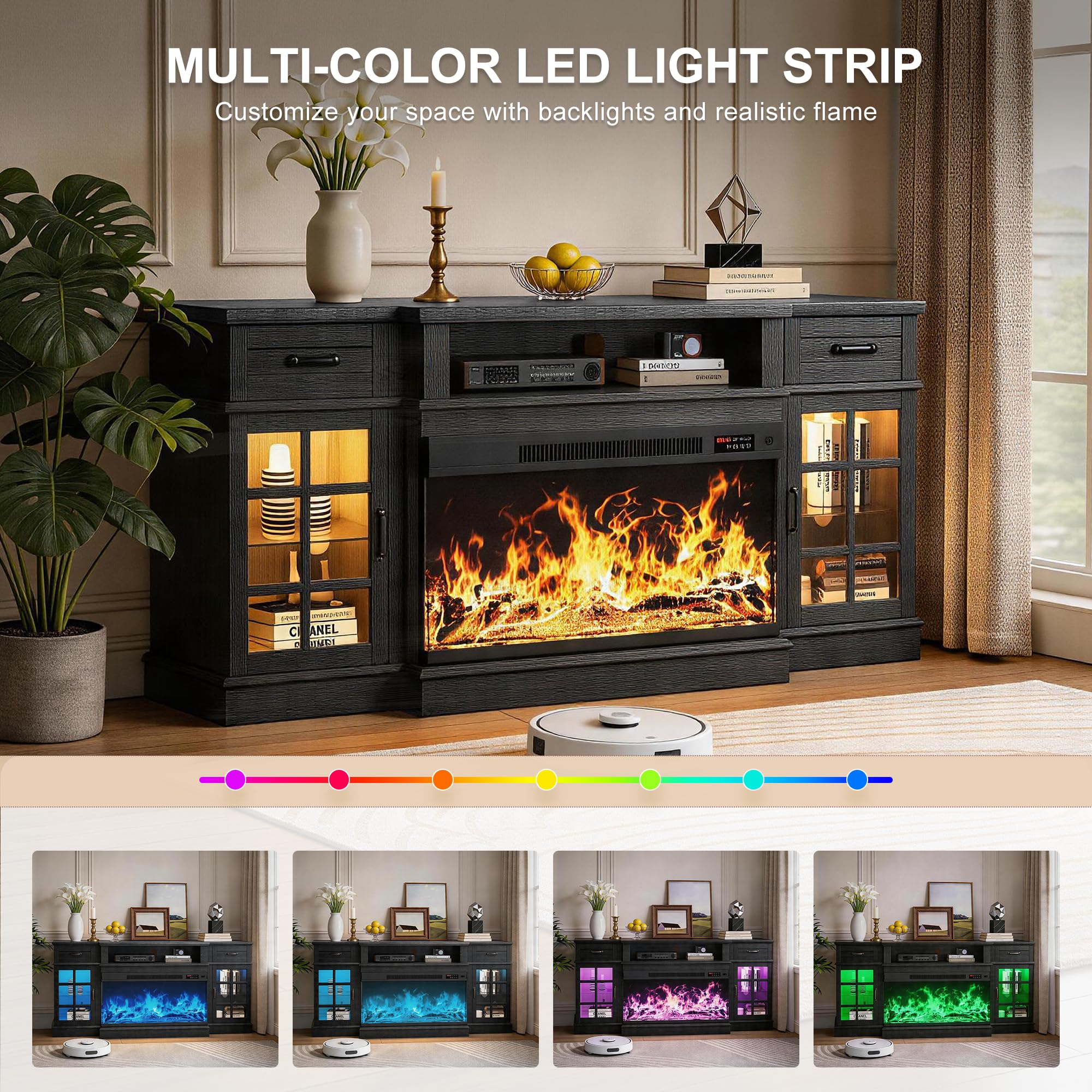 MXV 70" Fireplace TV Stand, 3-Sided Glass Fireplace and Modern Entertainment Center, Wooden Media Console with Glass Doors & Storage Drawers, LED Light, for Living Room, Black