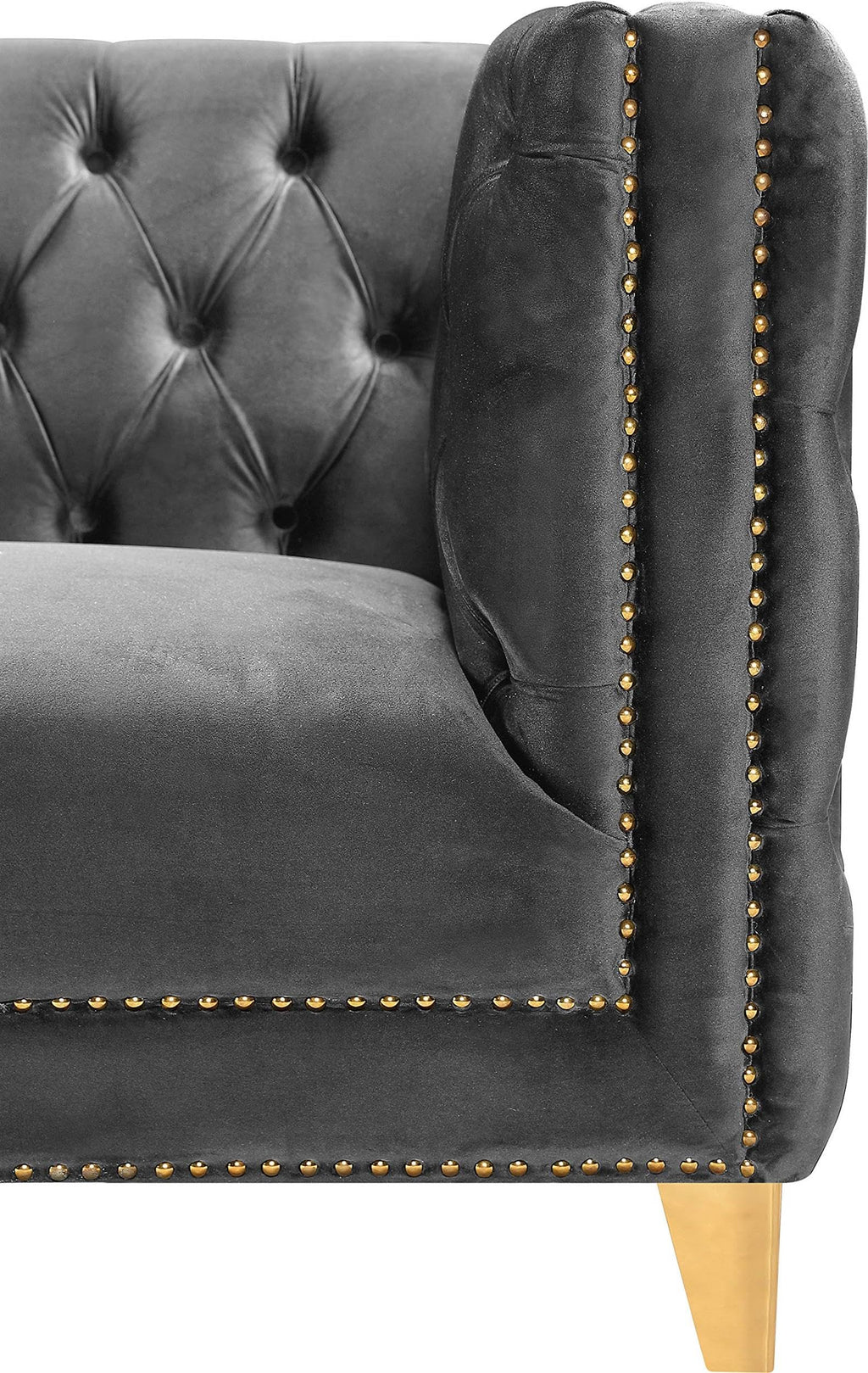 Meridian Furniture 652Grey-C Michelle Collection Modern | Contemporary Chair with Deep Button Tufting, Gold Nailhead Trim and Sturdy Gold Iron Legs, Grey Velvet, 44" W x 34" D x 30" H