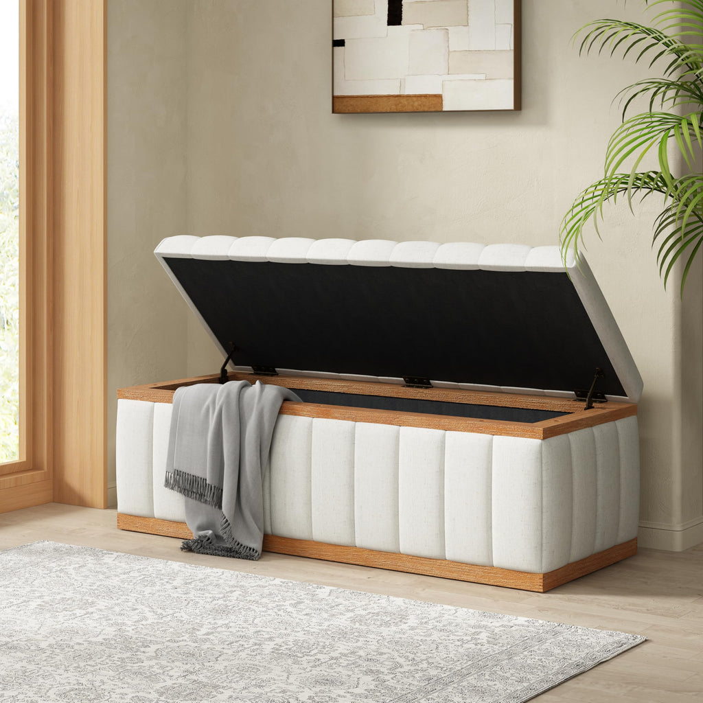 Christopher Knight Home Kira Living Room Ottoman with Storage, Linen Upholstered Storage Ottoman Bench with Channel-Tufted Design, Wood Frame Sofa Foot Stool, Bedroom End of Bed Bench, Beige
