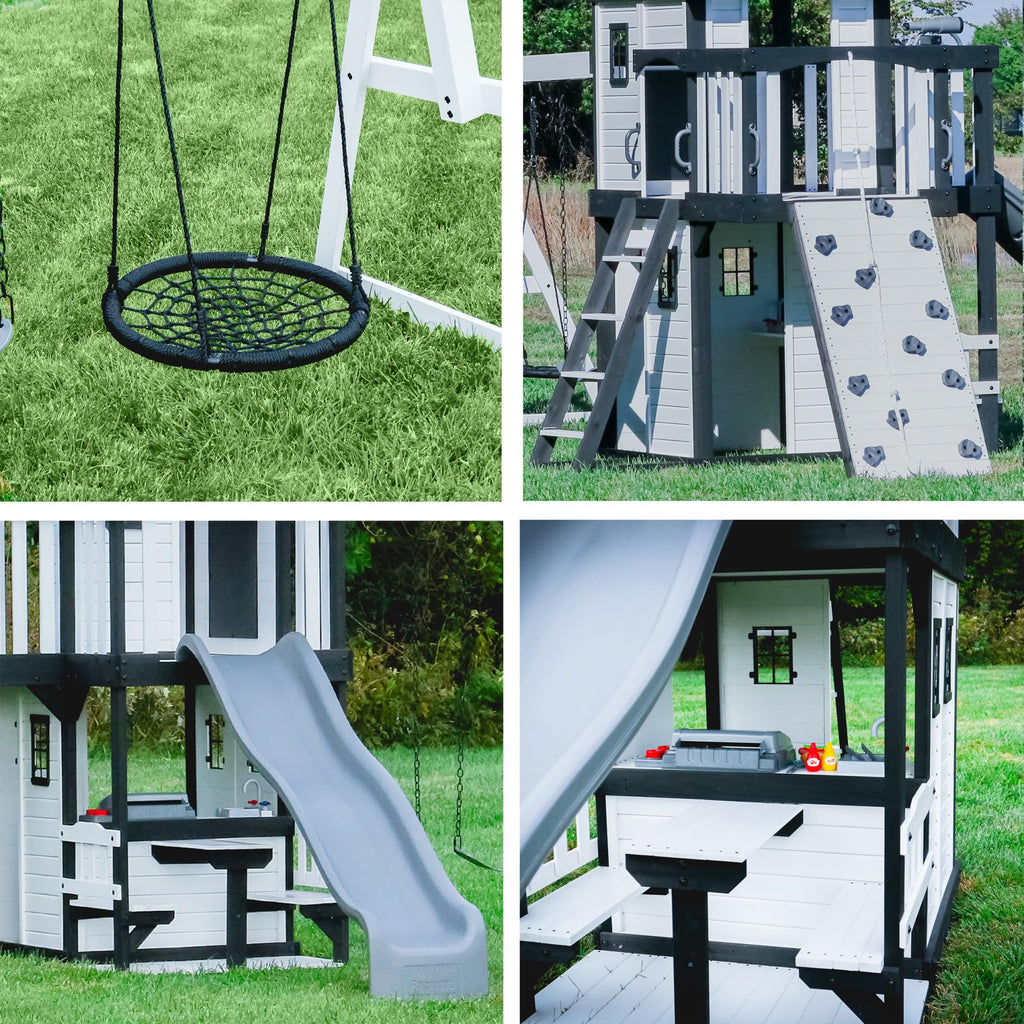 Backyard Discovery Canyon Creek White Cedar Wood Swing Set with Wave Slide, Clubhouse, Play Kitchen, Picnic Area, Belt Swings, Web Swing, Rock Wall, Balconies, Playhouse, Step Ladder, Outdoor Playset