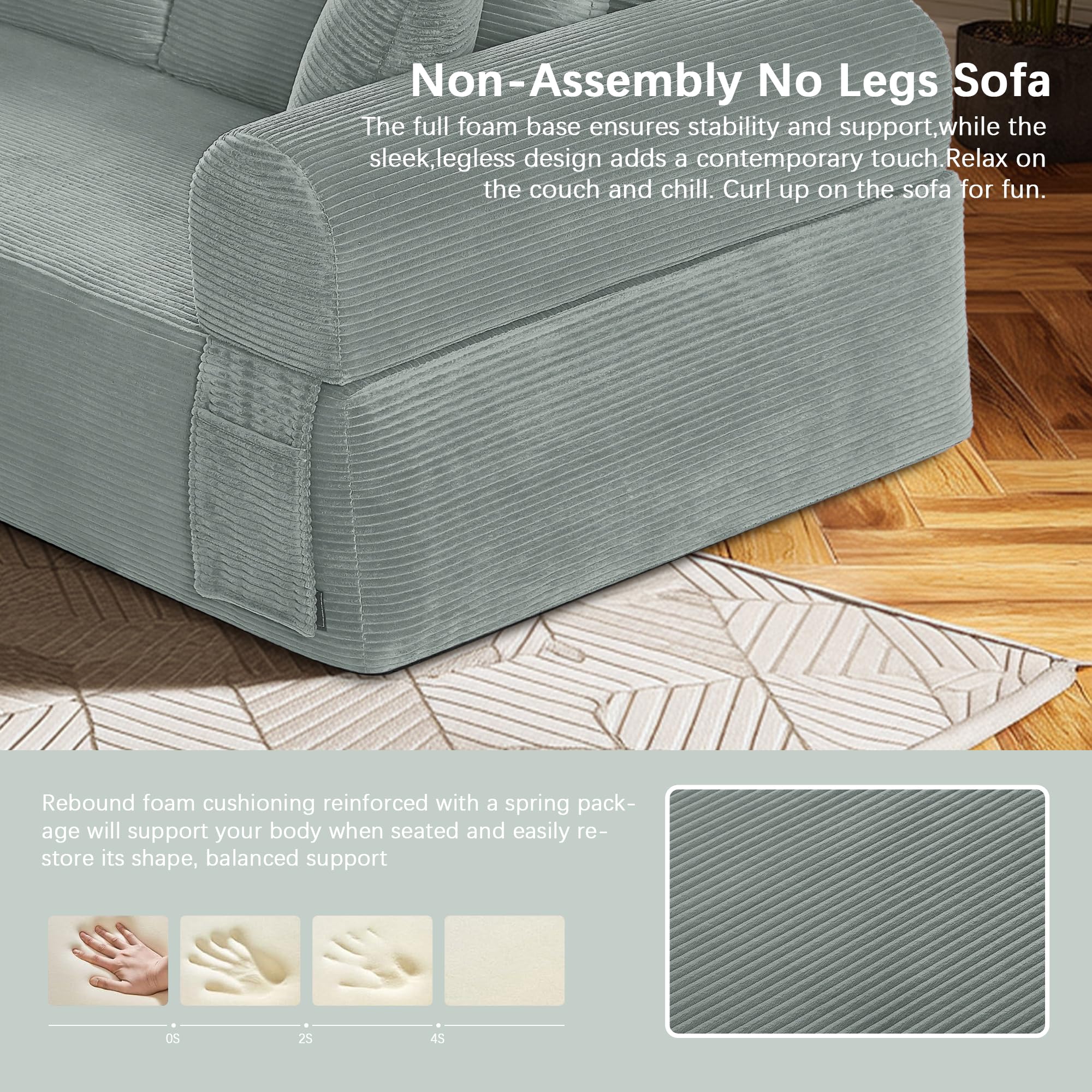 83" Modern Sofa in a Box, No Assembly Oversized 3 Seater 28" Deep Seat Cloud Sofa Bed Couch with 4 Furry Pillows & Corduroy Fabric, Boneless Couch with Side Storage Pockets for Living Room, Light grey