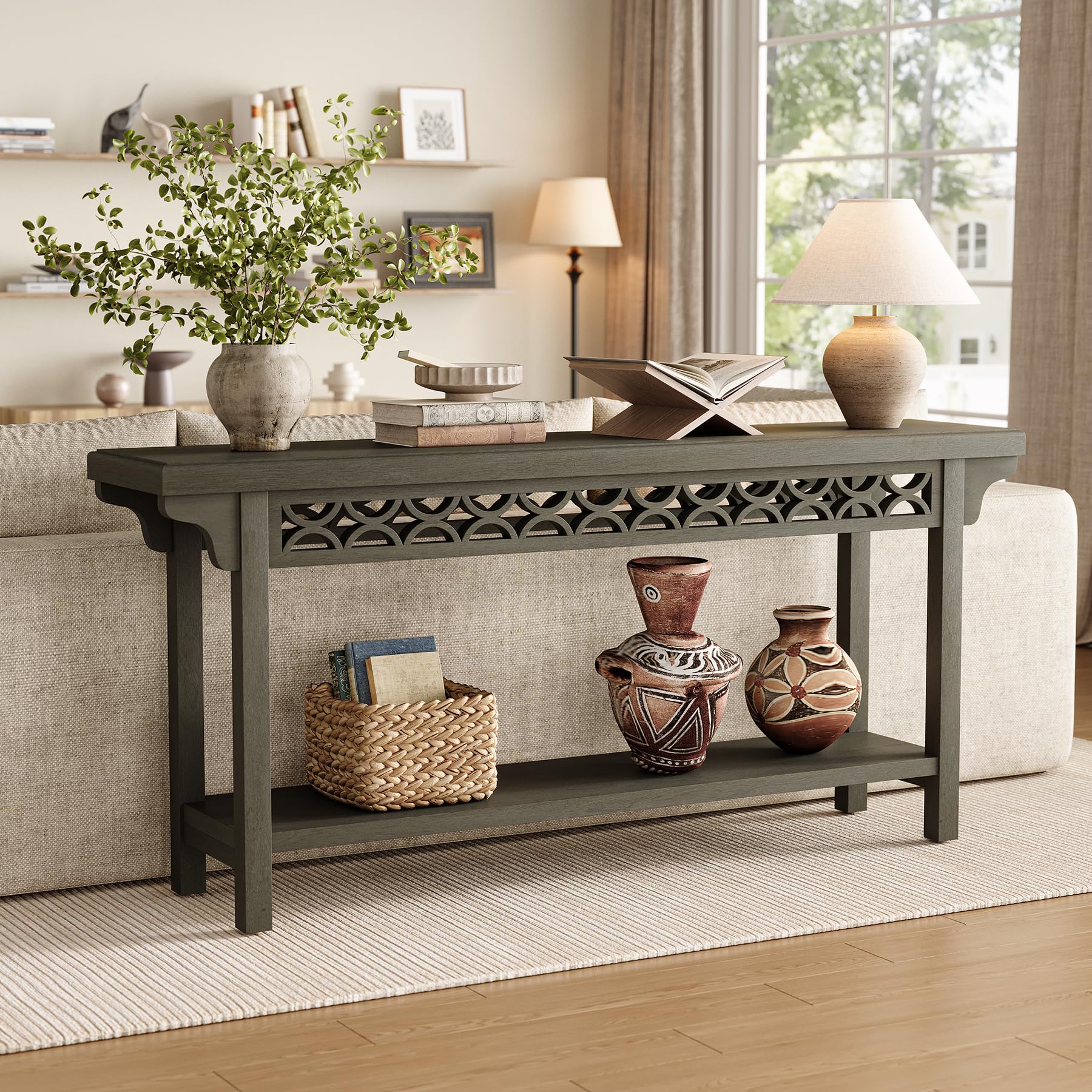 LITTLE TREE 70.87-Inch Long Console, Solid Wood Farmhouse Narrow Entryway Table with Shelf, Rustic Sofa Table for Living Room, Hallway, Dark Grey