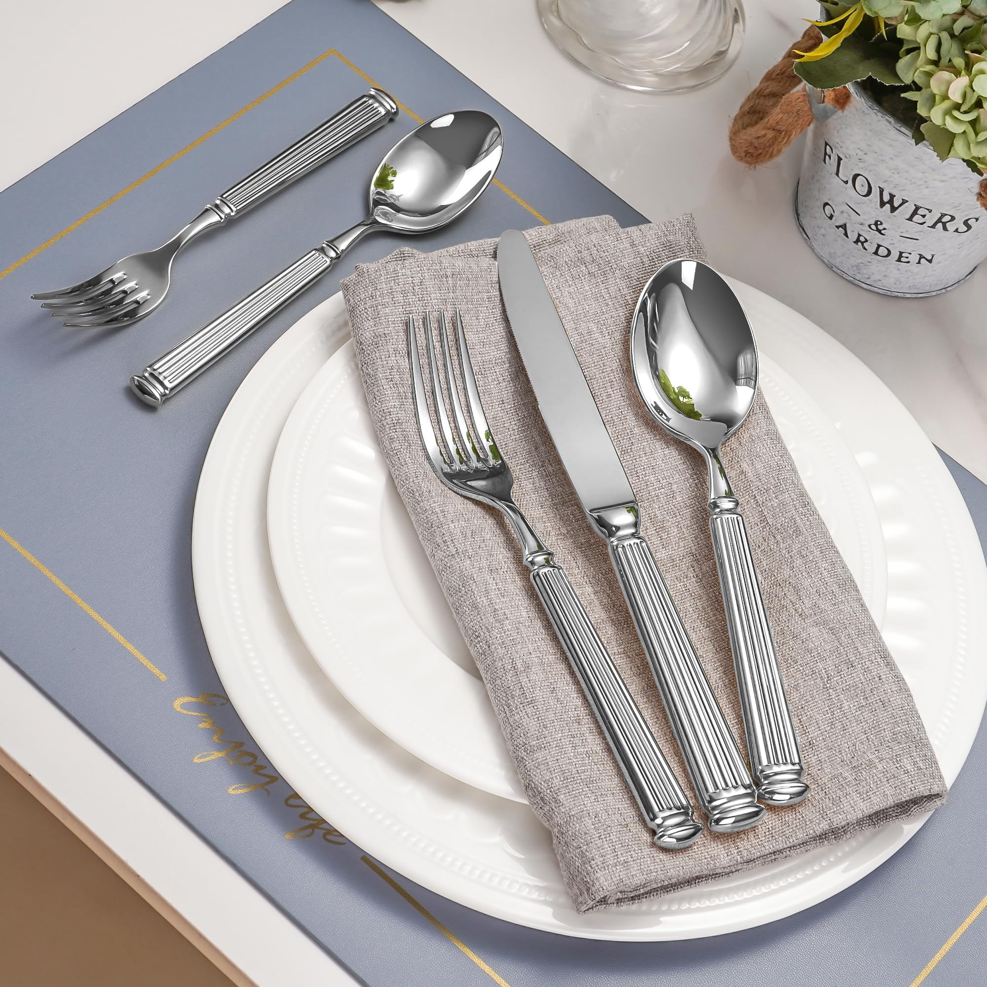 60-Piece 18/10 Heavy Duty Flatware Set for 12, High End Thick Handle Silverware Set, Luxury Forged Design, Dishwasher Safe