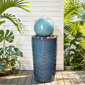 Autodaya 29.5" H Ceramic Sphere Water Fountain with LED Lights, Modern Nature-Inspired Design, Teal Blue Glaze with Leaf Patterns & Pebbles, Soothing Trickling Water Feature for Patio, Yard and Garden