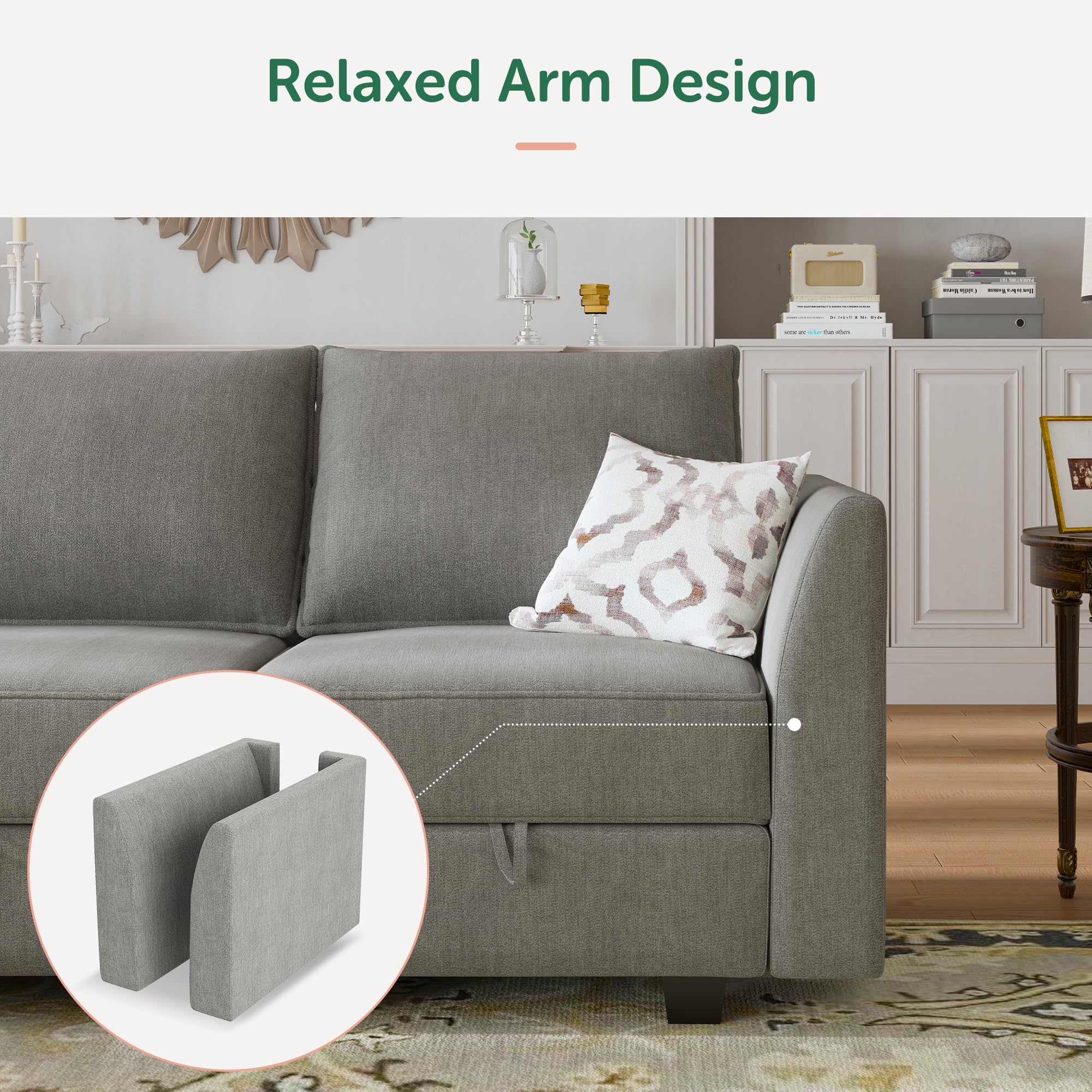 HONBAY Modular Sectional Sleeper Sofa Reversible Modular Couch with Storage Seats Modular Sleeper Sectional Sofa with Storage Ottoman, Grey