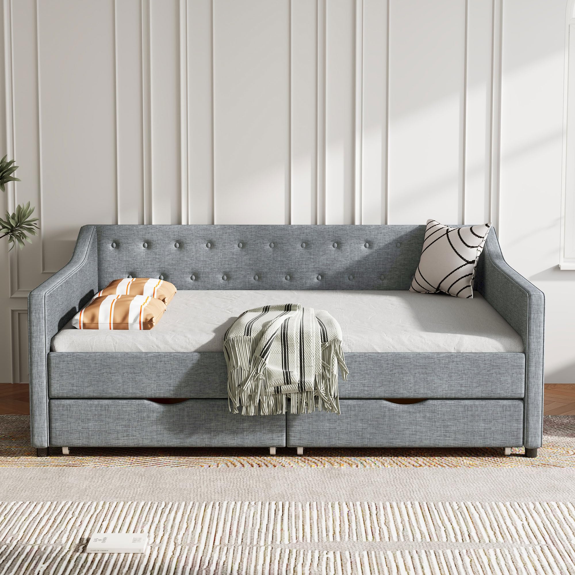 Ball & Cast Full Daybed W/ 2 Storage Drawers,Upholstered Day Bed W/Waved Shape Arms & Button Back,Sofa Bed for Bedroom,Guest Room,Living Room,No Box Spring Needed,Light Grey