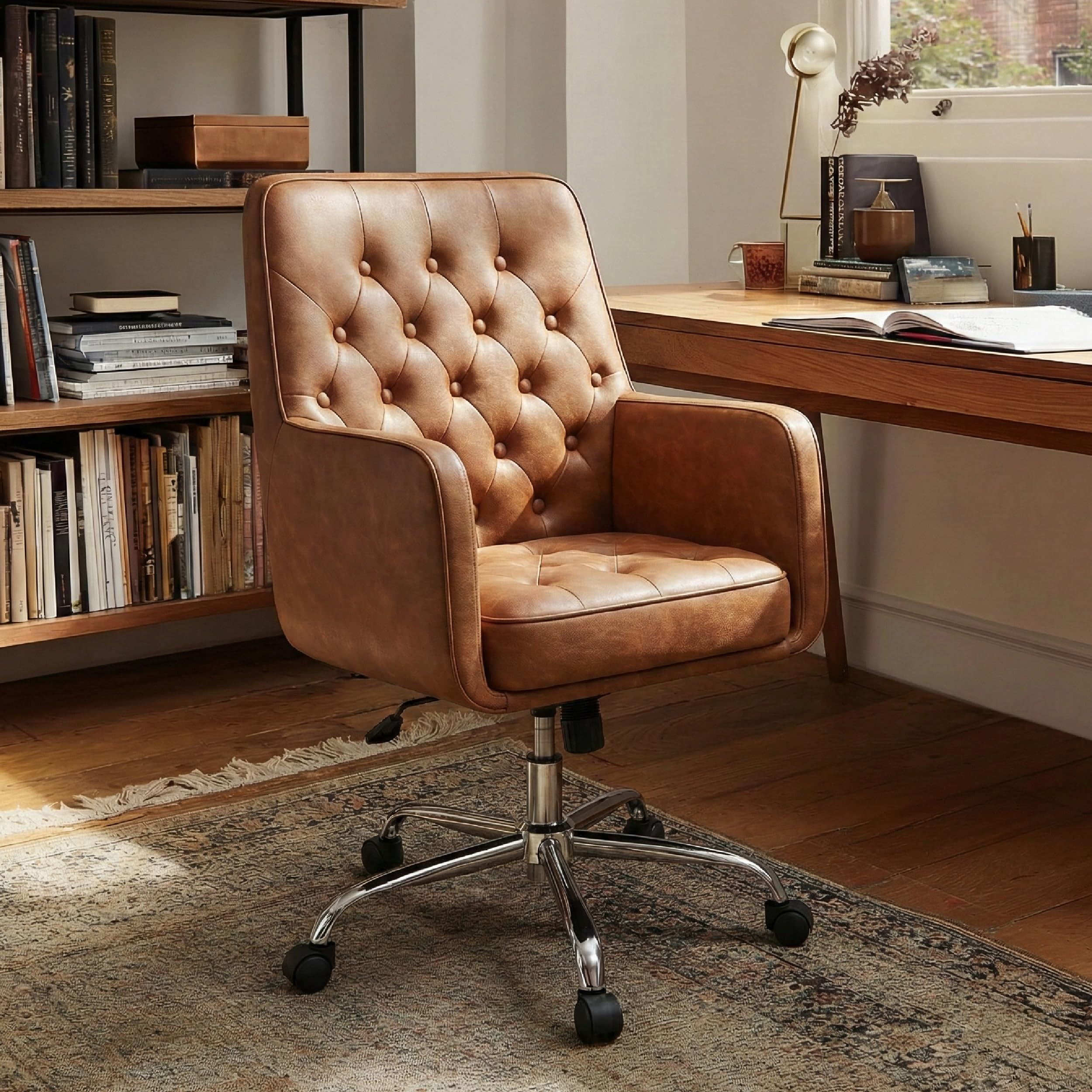 COLAMY Verso Home Desk Chair with Armrest, Leather Swivel Office Chair Adjustment Height with Wheels,Comfortable Padded Seat, Brown