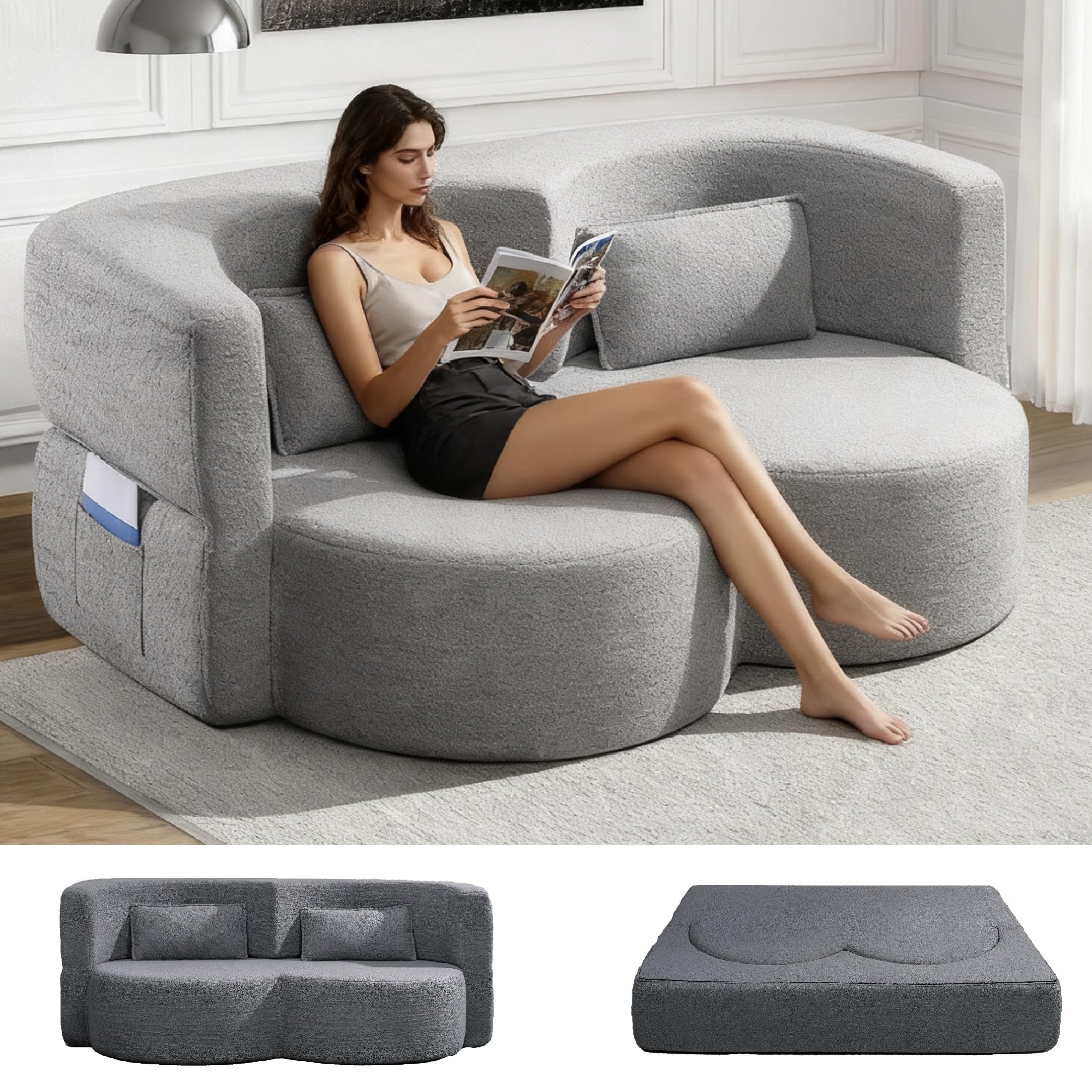 KEIKI 79" Convertible Floor Sofa Bed, Fold ‌Teddy Sleeper Cloud Couch with Storage & Deep Seat, Comfy Upholstery Curved Boneless Futon Couches, 2-in-1 Sofas for Living Room Bedroom, No Assembly, Grey
