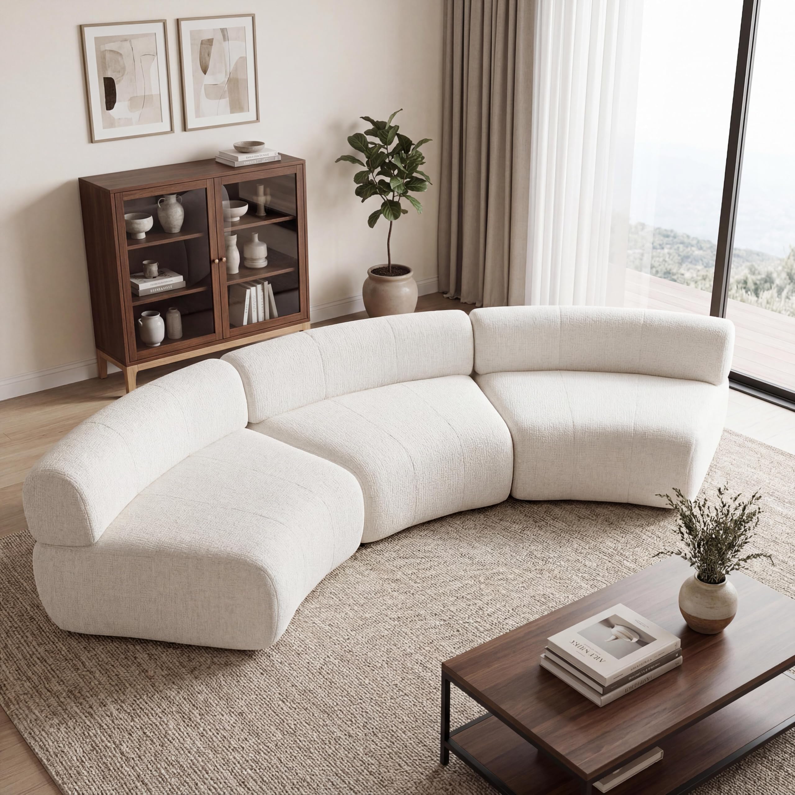 Christopher Knight Home Amino 118.5" Modular Sectional Sofa Chair, Modern Curved 3-Seater Large Sofa Couches, Comfy Upholstered Sectional Cloud Couch for Living Room, No Assembly Required, Beige