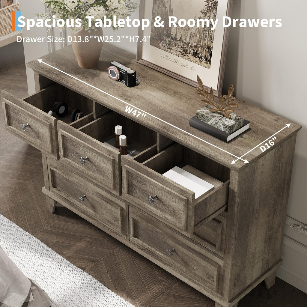IDEALHOUSE 7 Drawer Dresser, Large Wooden Storage Chest of Drawers with Exquisite Metal Handles, 47" Wide Dresser TV Stand, Drawer Organizer for Bedroom, Living Room, Hallway, Entryway, Grey