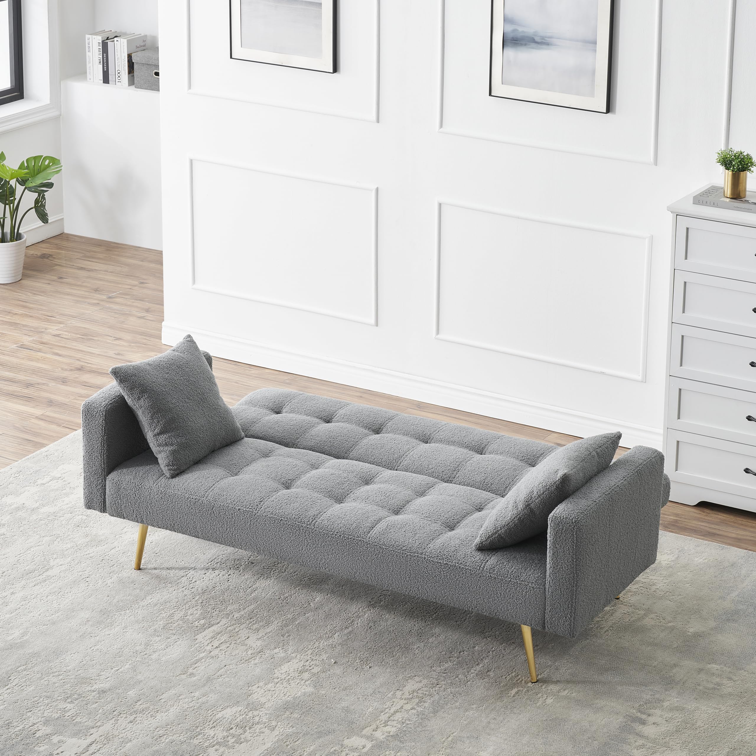 KEIKI 72" Folding Futon Sofa Couch w/Adjustable Backrest, Mid Century Modern Loveseat Convertible to Sleeper Bed, Small Comfy Teddy Cloud Couch SofaBed for Living Room & Bedroom, 2 Pillows, Gray