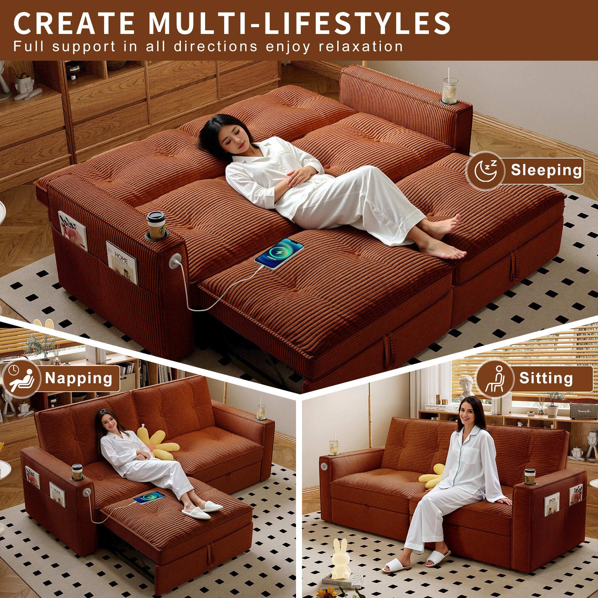 KEIKI Convertible Sofa Bed, 3 in 1 Pull Out Couch, 73" Pull Out Sofa Bed with Side Pocket for Living Room, Bedroom, Small Space, Orange