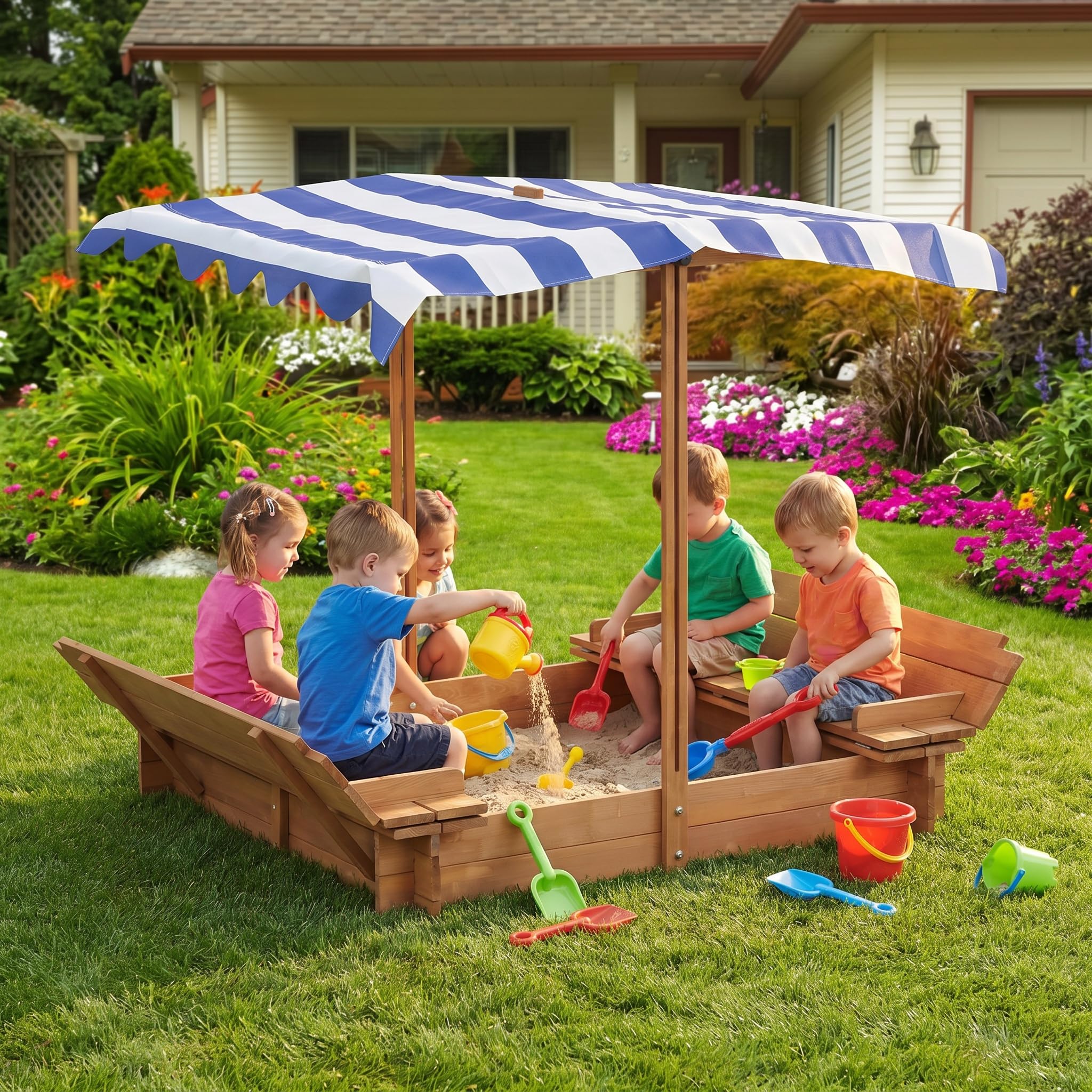 Kids Sandbox with Adjustable Canopy & 2 Foldable Seats, 46'' Wooden Sand Box with Cover, Outdoor Sandpit for Backyard Play