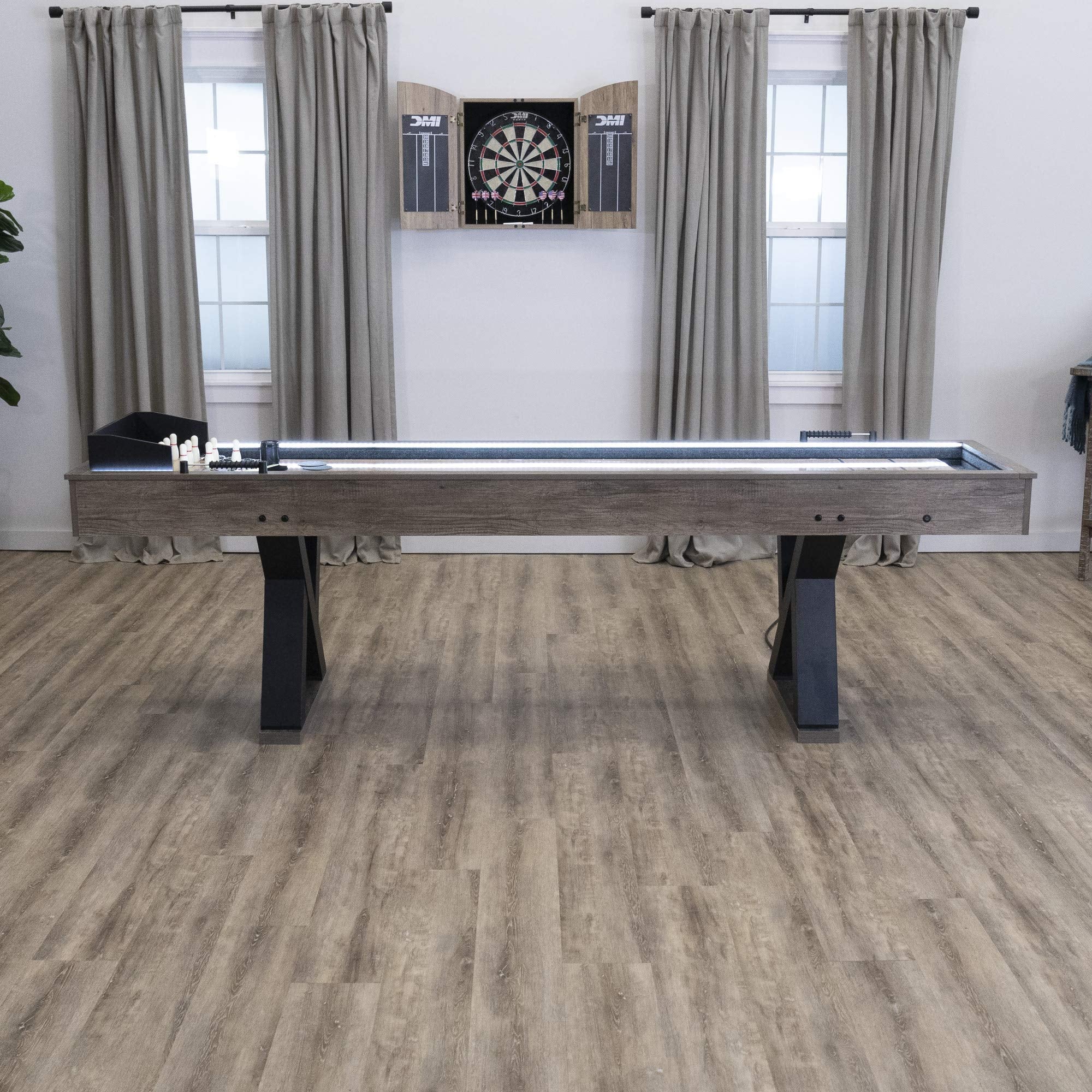 American Legend Kirkwood 9’ Shuffleboard Table with LED Rails, Bowling Game Set, Rustic Wood Finish & Accessories Included