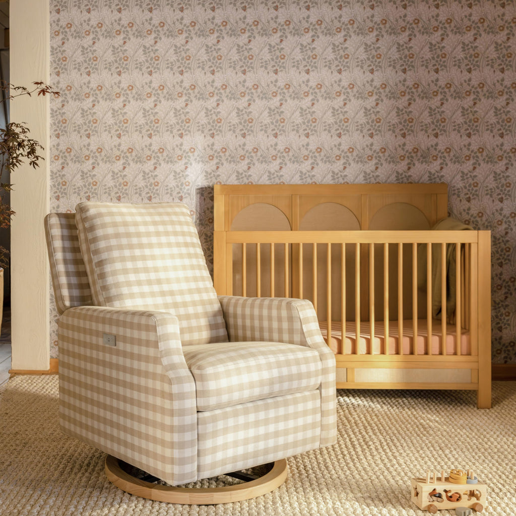 Namesake Crewe Glider Recliner Nursery Chair - GREENGUARD Gold & Certi-PUR US Certified Rocker Recliner - Glider Rocking Chair for Nursery & Living Room - Electronic, 270° Swivel, Tan Gingham