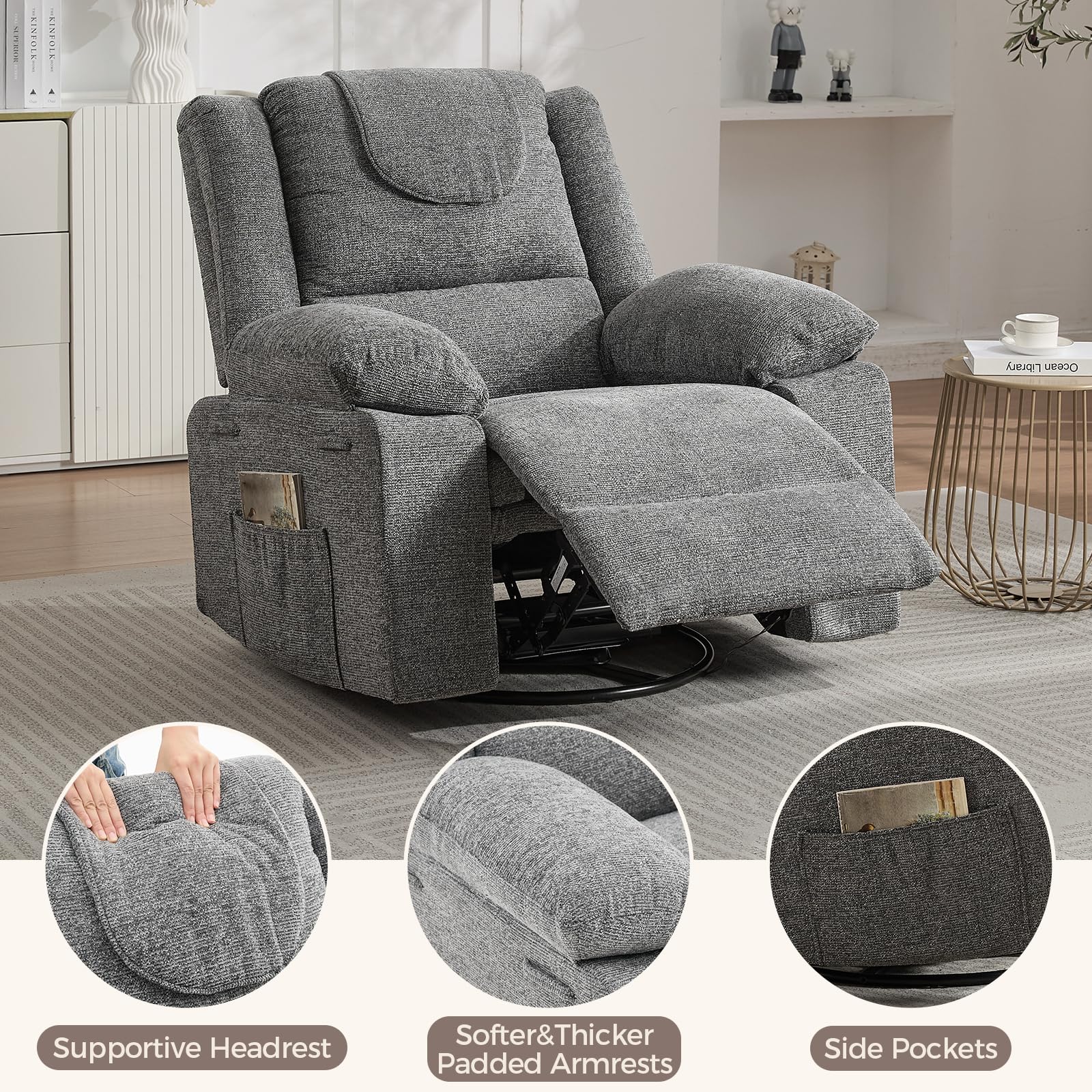 Adults Oversized Rocking Nursery Glider Recliner Chair,360° Swivel Rock Recliner Chairs Single Sofa with Vibration Massage and Heating for Living Room/Bedroom,Grey