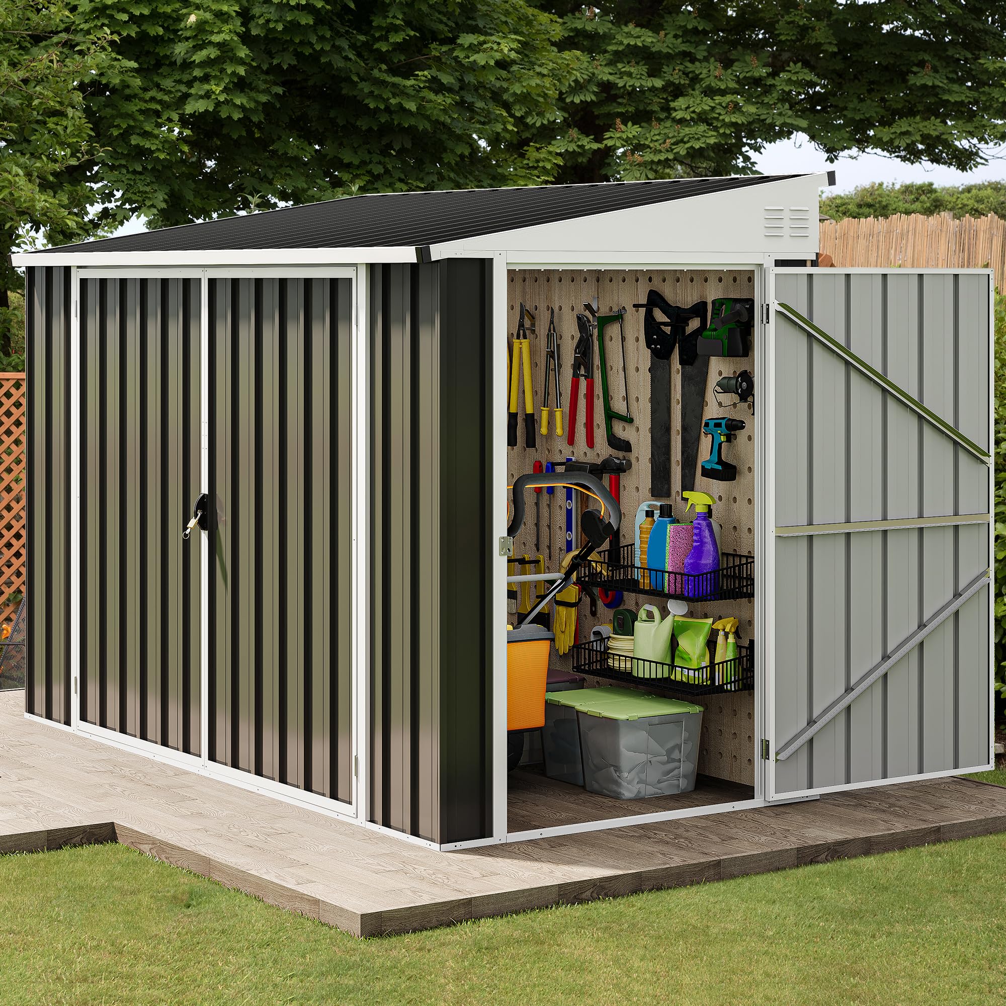 DWVO 7x4 FT Outdoor Weatherproof Storage Shed, Secure Metal Bike Shed w/Lockable Entry, Garden Storage Solution for Lawn Equipment, Tools, Waste Bin, Dark Gray