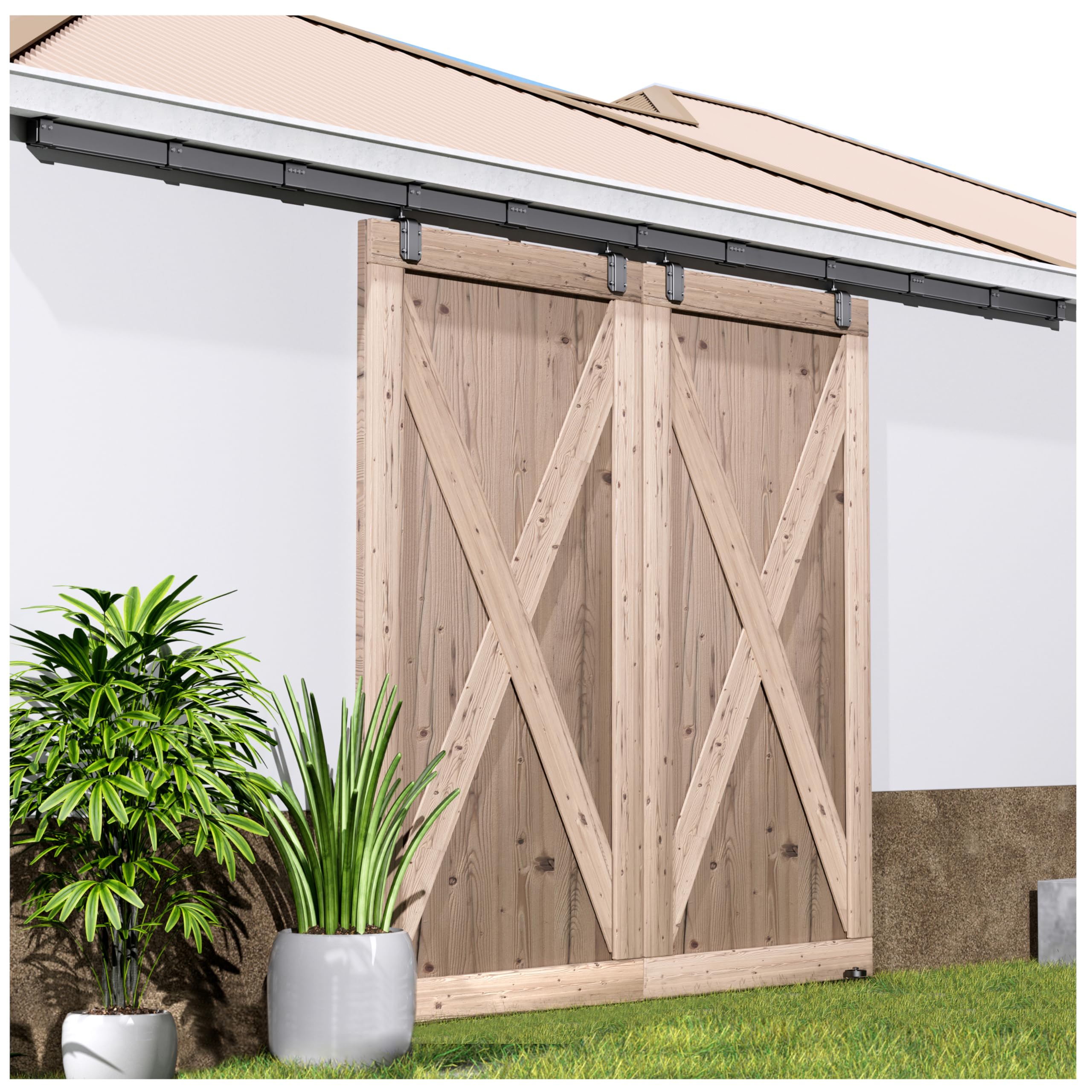 DIYHD 16FT Ceiling Mount Outdoor Double Sliding Barn Door Hardware,Heavy Duty Box Track Kit for Exterior Use,Max Load 300lbs,Fit 2 X48 in Doors (Hardware Only,No Door)