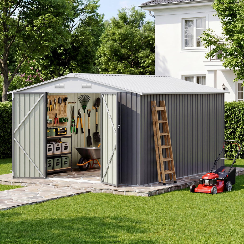 Greesum 10x12 FT Outdoor Storage Shed, Weather-Resistant Metal Tool Shed with Lockable Doors & Ventilation for Patio, Backyard, Poolside (Gray)