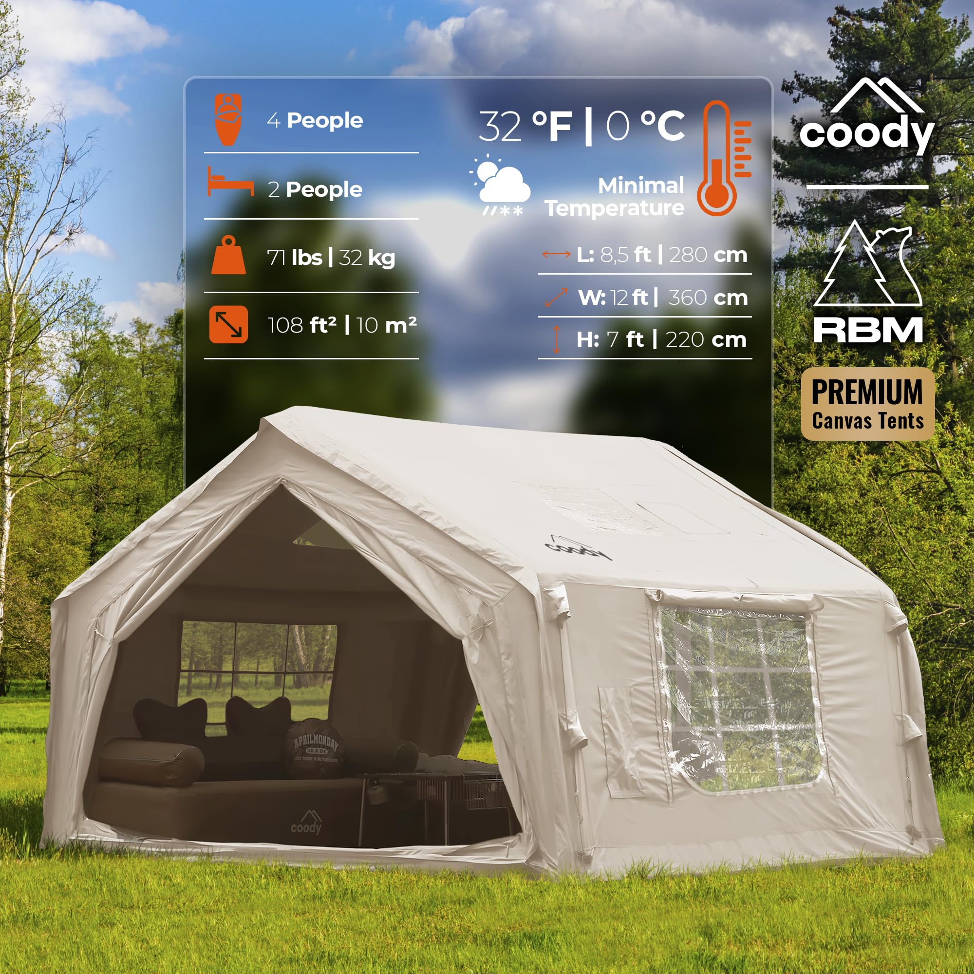 Coody 10.0 Inflatable Canvas Camping Tent for 2–4 People – Premium Air Beam Glamping Tent with Stove Jack, Breathable TC Cotton Canvas, Fast Setup Inflatable Family Tent with Pump, Beige