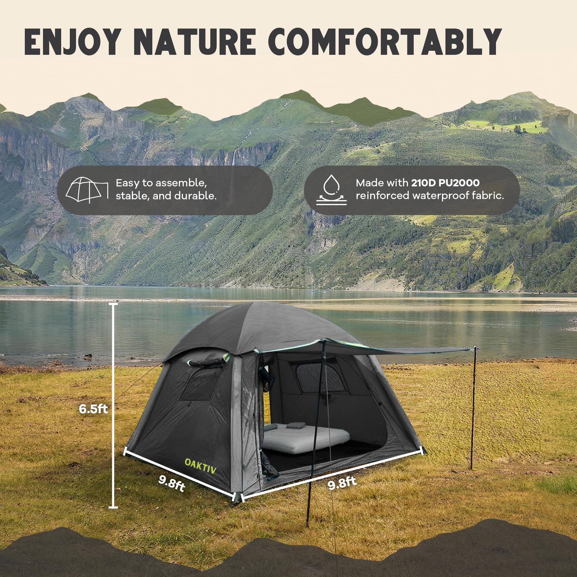 Oaktiv Inflatable Tents for Camping - CloudCamp Glamping Tent for 6 People Waterproof Oxford Fabric(210D), Quick Setup Air Tent with Manual & Battery Pump, UV Protection, 4-Season Inflatable Tent