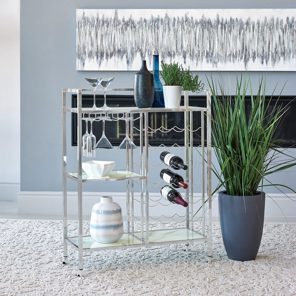 MAKLAINE Contemporary Metal Serving Cart, Chrome Finish, 3 Marble Pattern Glass Shelves, Stemware Racks, 24-Bottle Wine Holder, Casters for Mobility, Rectangular Bar Cart for Home Entertainment