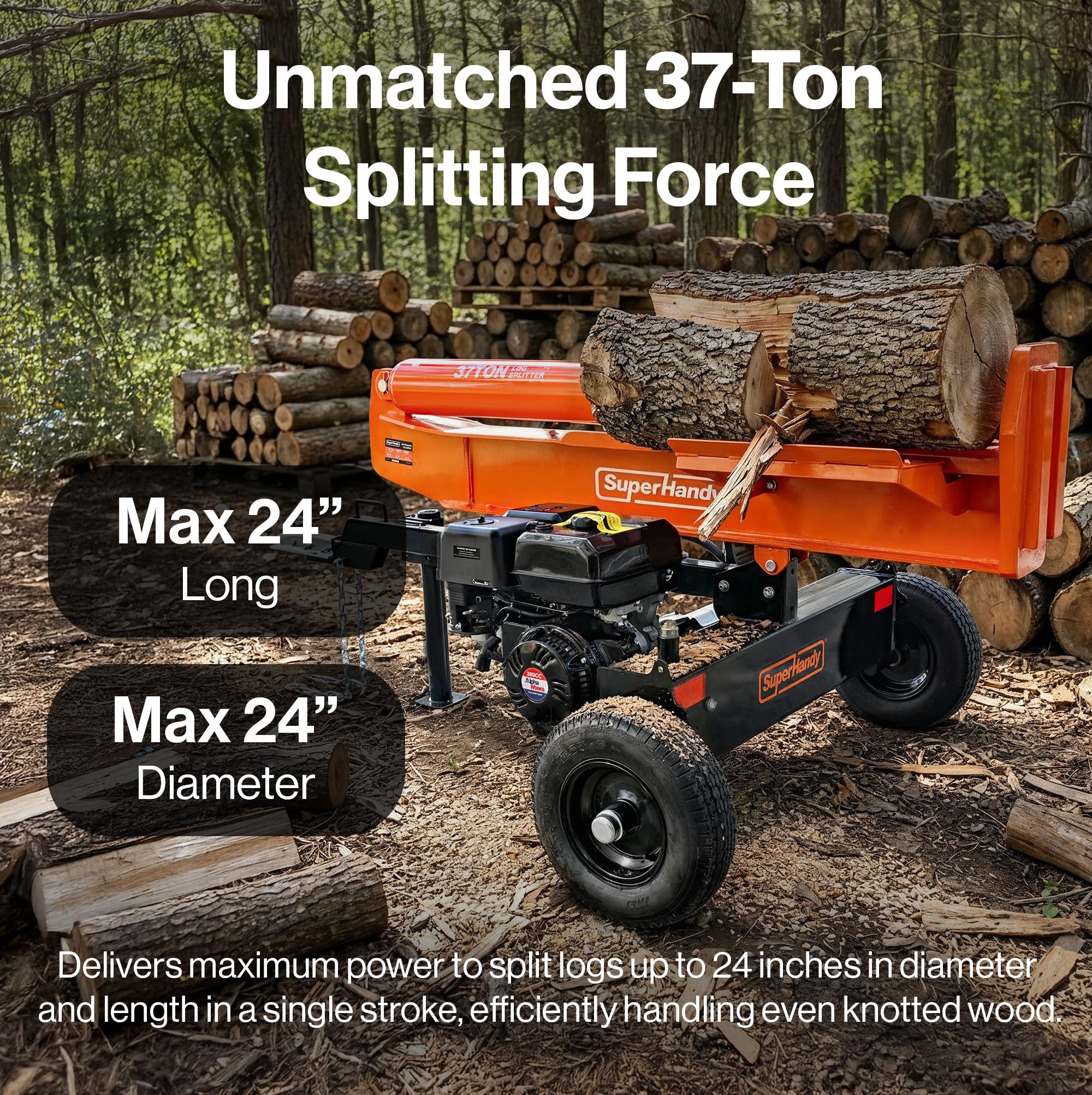 Superhandy 37 Ton 389 cc Gas Powered Full Beam Log Splitter w/Vertical/Horizontal Operation and Auto Return Valve, Towable with 2'' Ball Coupler