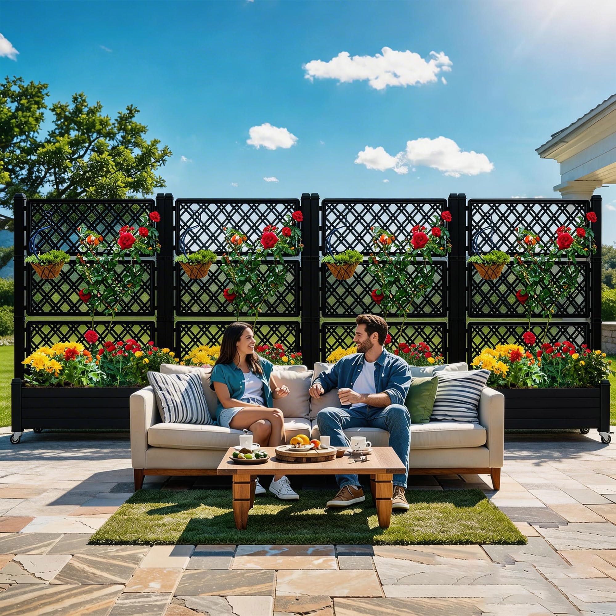 YITAHOME 43.3x17.7x61 in Planter Box with Trellis 2pcs Outdoor Resin Raised Garden Bed with Wheels & Drain Plug for Climbing Plants, Weather-Resistant Outdoor Privacy Screen, Black