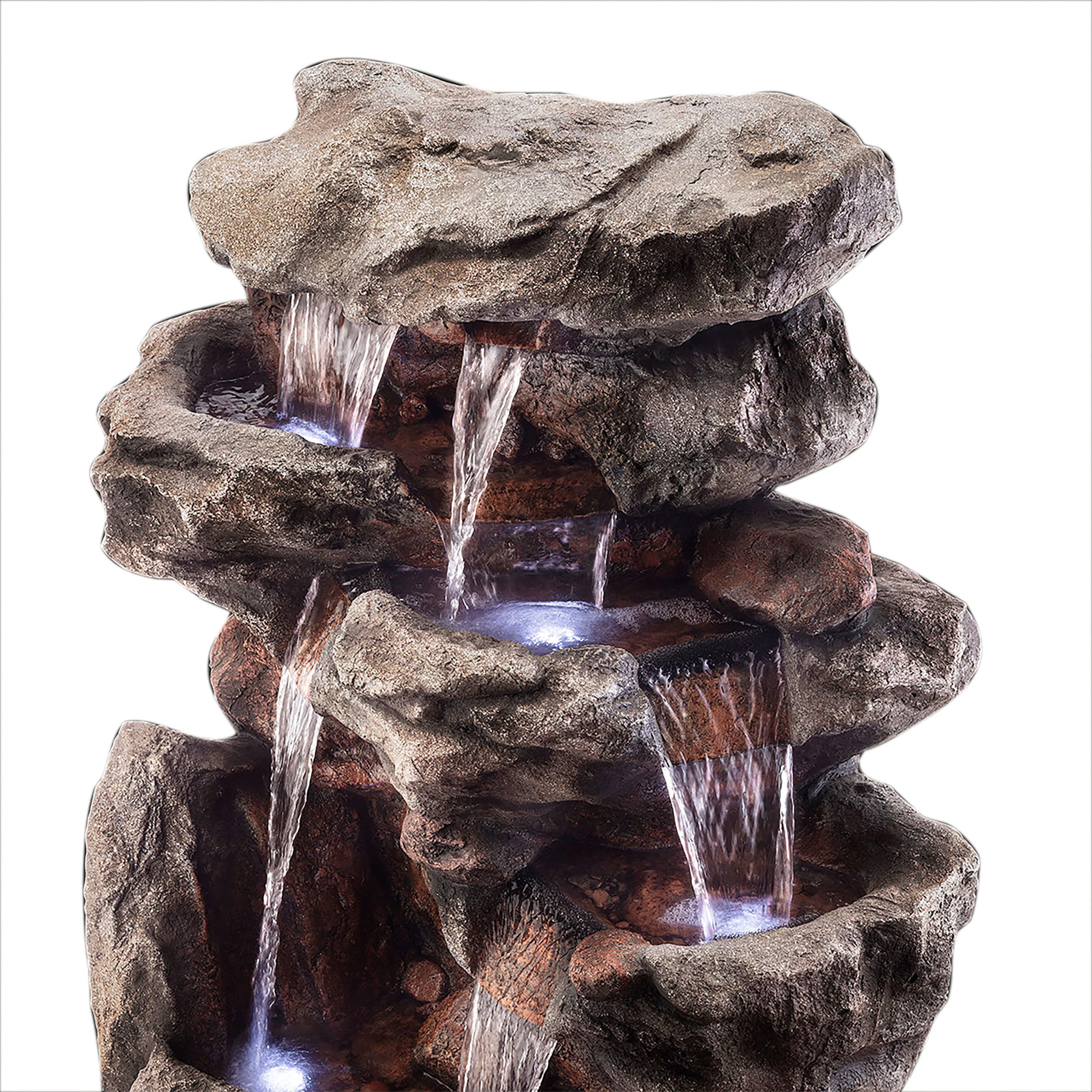 Alpine Corporation WIN730 Outdoor Floor Tiered Rock Waterfall Fountain with LED Lights and Natural Stone Look, 52", Brown