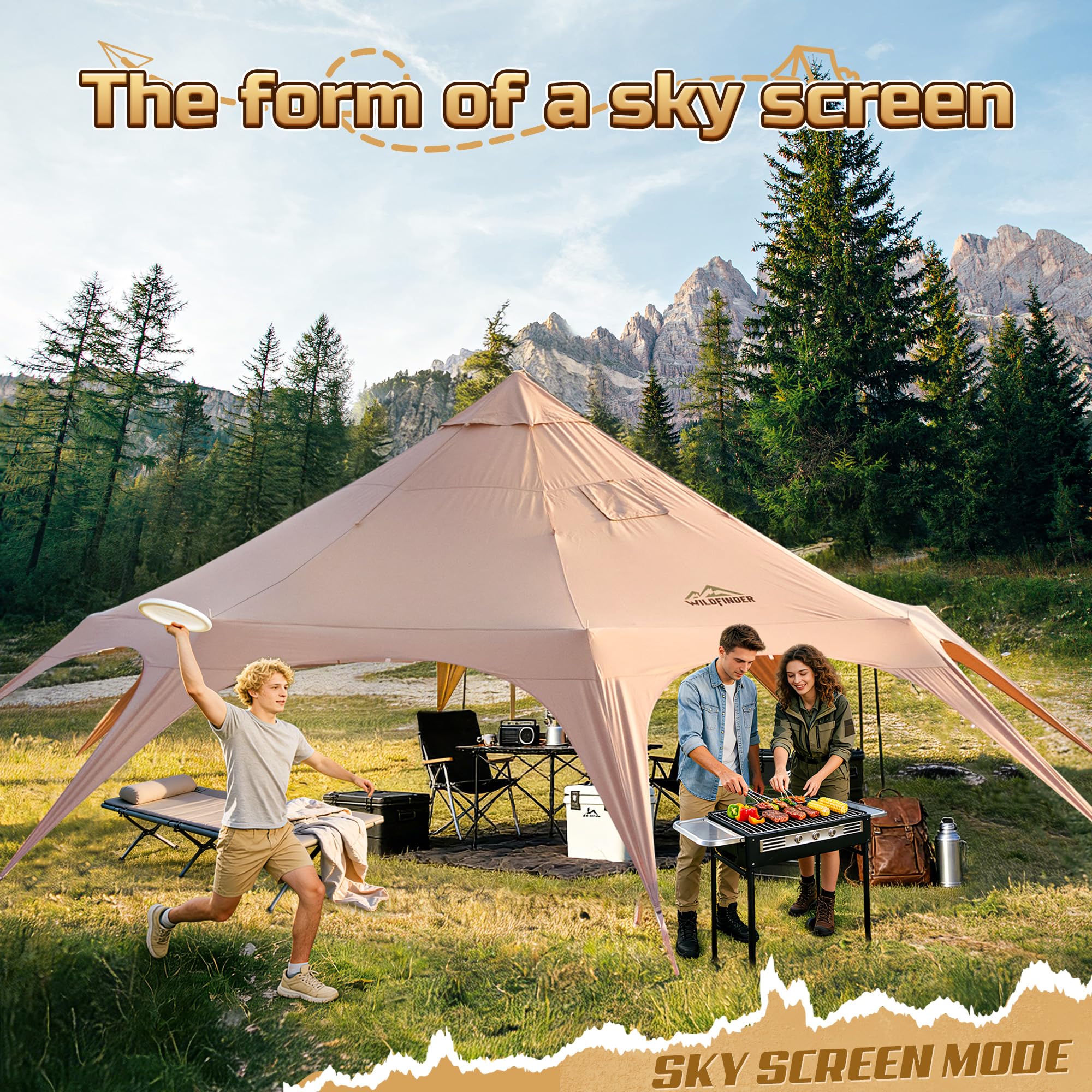 WildFinder 16.5ft Canvas Bell Tent, Large Yurt Tent with Stove Jack for Camping & Glamping, 55" High Walls, Maximum Space, Waterproof 4 Season Hot Tent with 8 Mesh Windows & Removable Floor