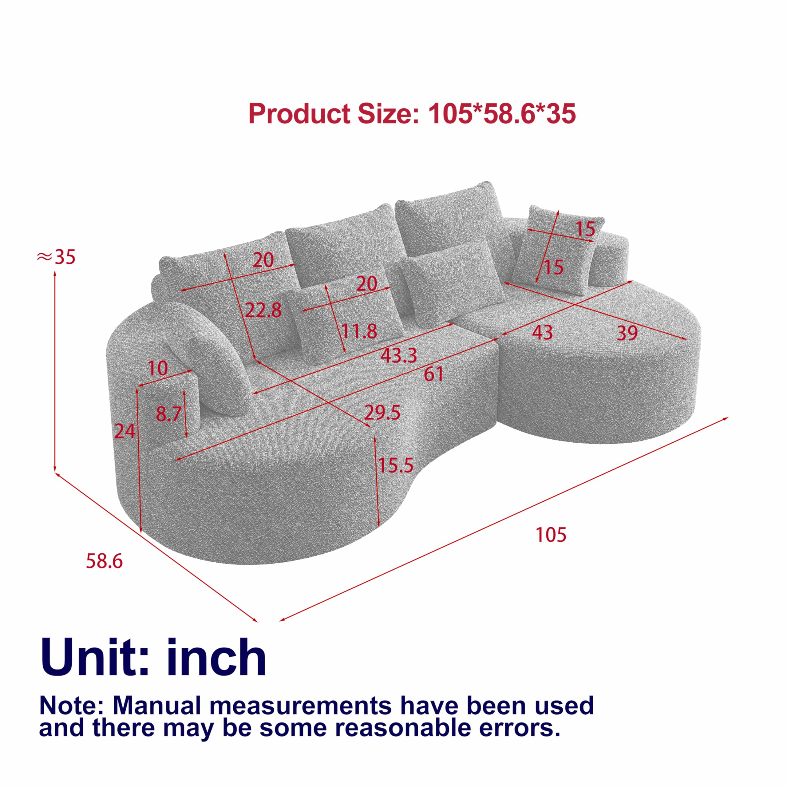 KEIKI 105" Chenille Corner Sofa with Chaise, Curved Sectional Couch, L Shaped Deep Seat Sectional Couch for Living Room, Bedroom, Beige