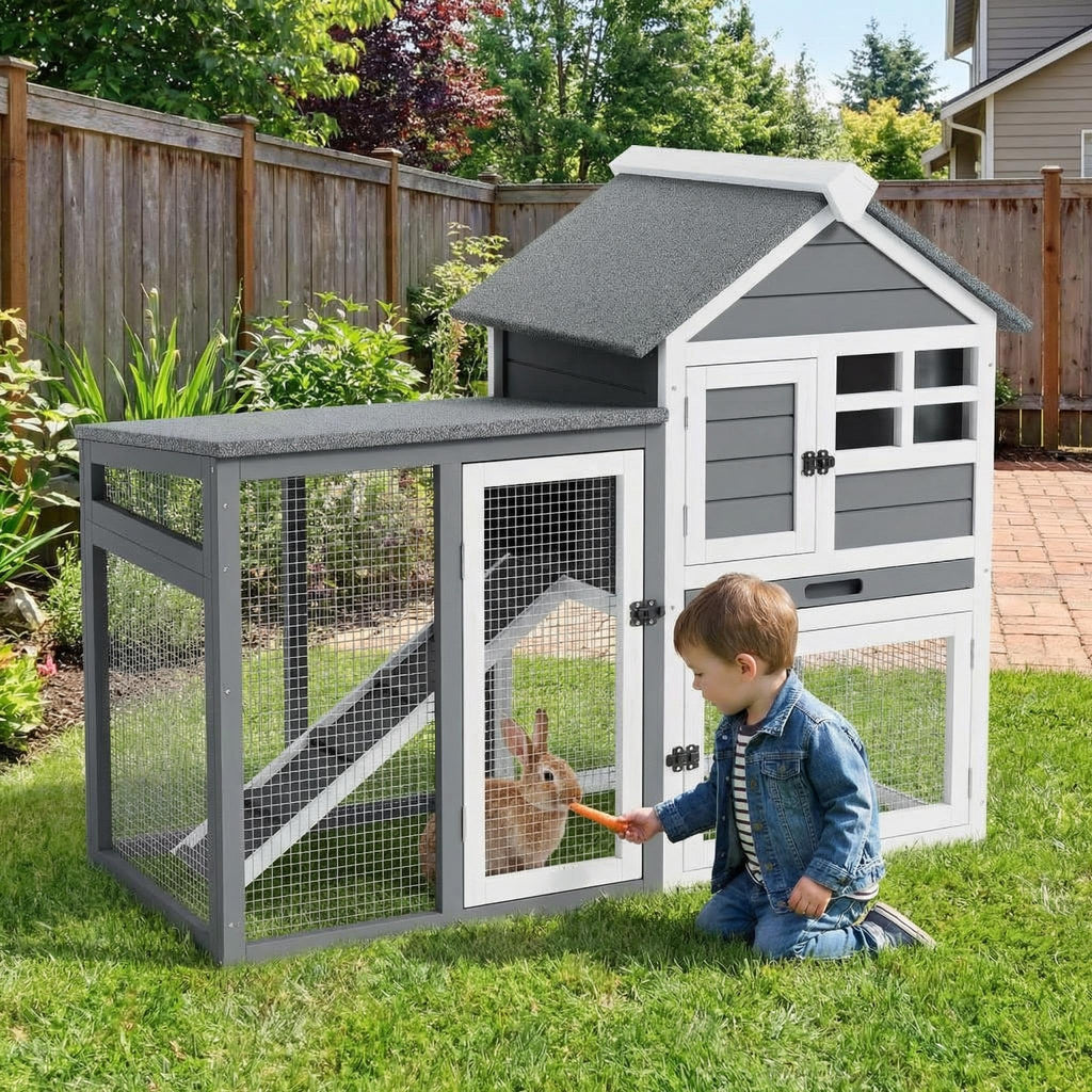 GarveeTech 2-Story Rabbit Hutch Outdoor, 45" Bunny Hutch, Small Chicken Coop Wooden with Pull-Out Tray & Ramp, Bunny Cage with Waterproof Roof, Poultry Cage for Bunnies, Chickens, Ducks, Guinea Pigs