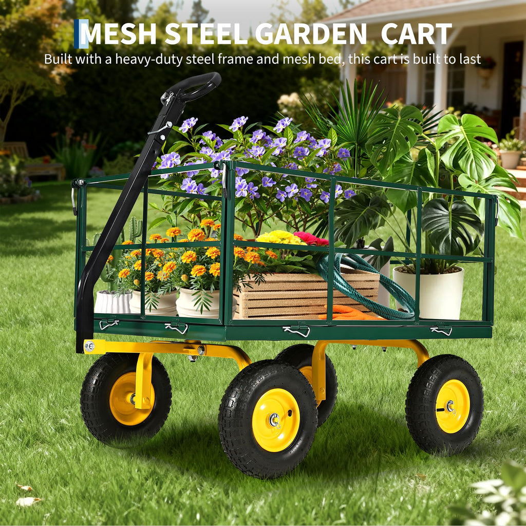 Heavy Duty 1500 Lbs Mesh Steel Garden Cart, Folding Utility Wagon with Removable Sides & All-Terrain Wheels, 3-in-1 ATV Trailer for Garden, Lawn and Farm Hauling