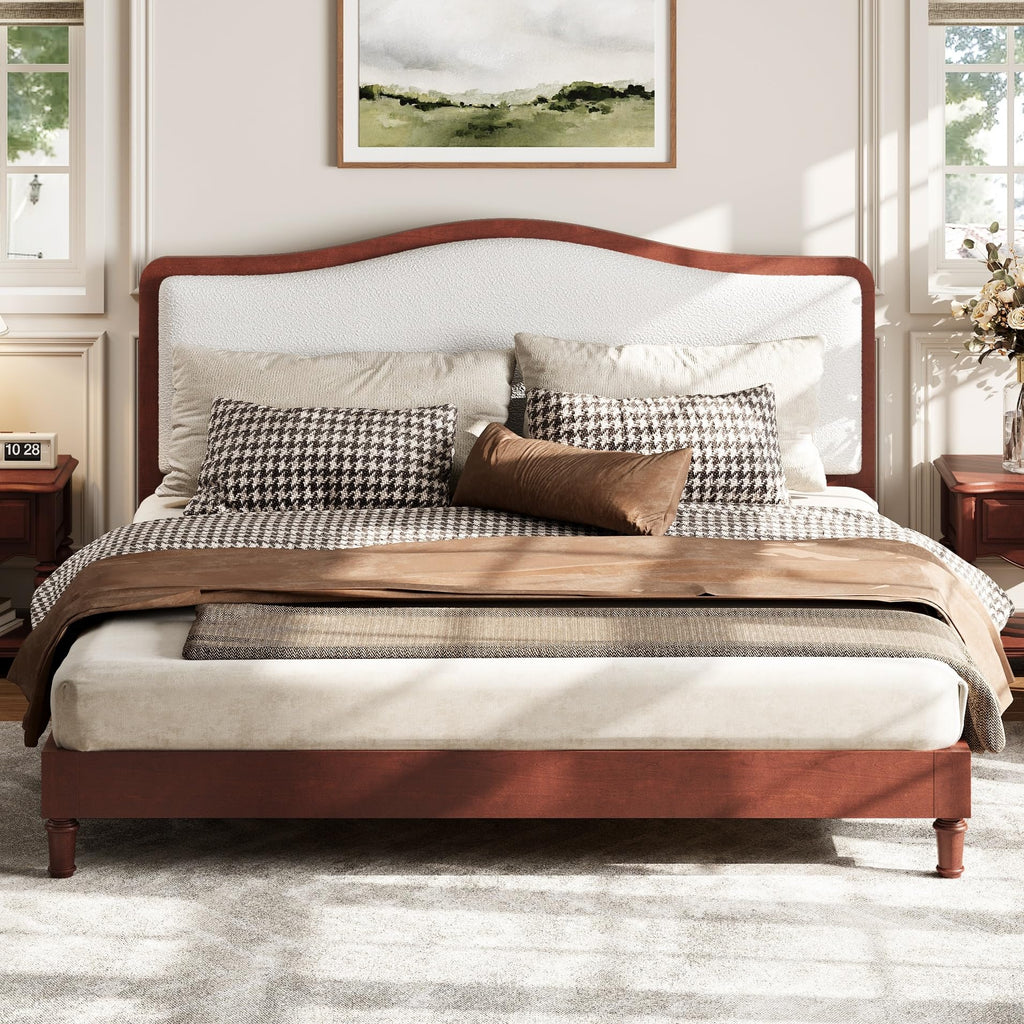 Merax King Size Upholstered Platform Bed Frame with Curved Headboard, Espresso Wood Frame & White Fabric, Noise-Free, Strong Slat Support, No Box Spring Needed, Easy Assembly
