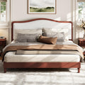 Merax King Size Upholstered Platform Bed Frame with Curved Headboard, Espresso Wood Frame & White Fabric, Noise-Free, Strong Slat Support, No Box Spring Needed, Easy Assembly