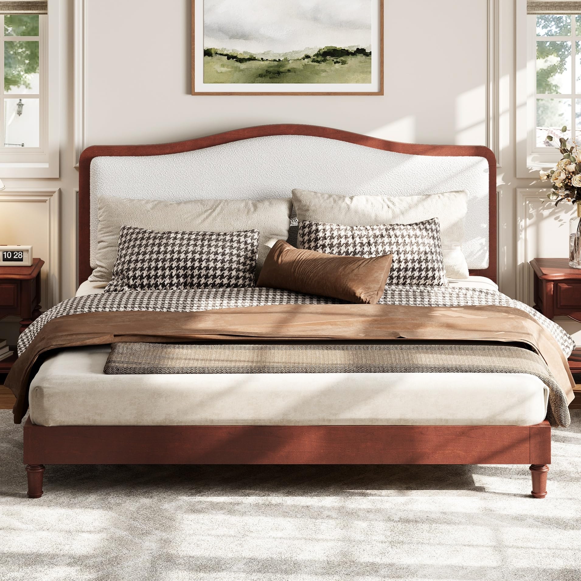 Merax King Size Upholstered Platform Bed Frame with Curved Headboard, Espresso Wood Frame & White Fabric, Noise-Free, Strong Slat Support, No Box Spring Needed, Easy Assembly