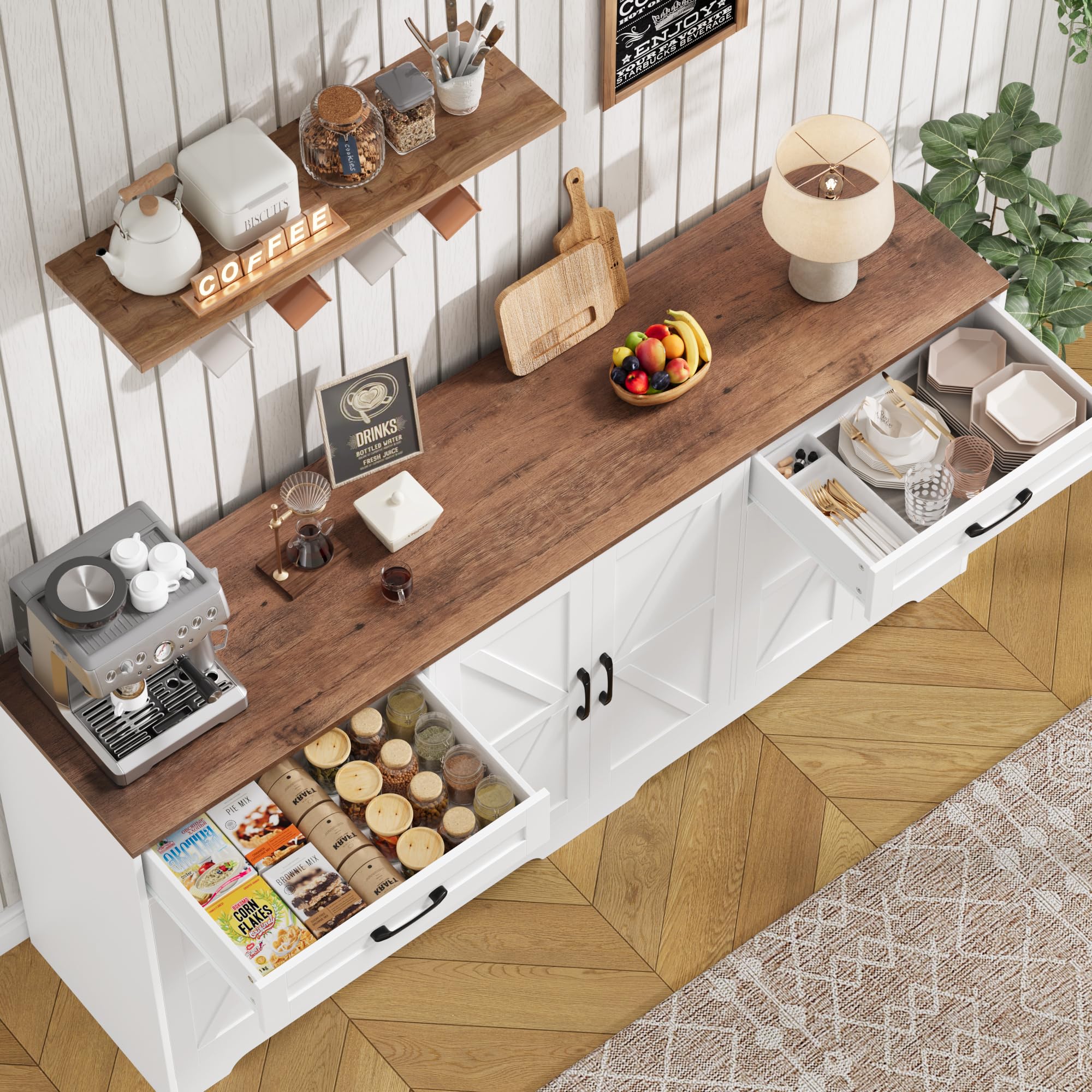BOTLOG 71” Large Sideboard Buffet Cabinet with Storage, Farmhouse Kitchen Buffet Cabinet with Adjustable Shelves and 6 Barn Doors, Wood Coffee Wine Bar Console Table for Kitchen, Dining Room, White
