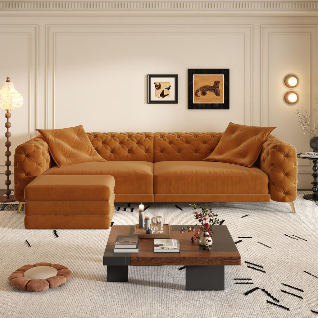 KEIKI 97.7" Convertible Sleeper Sofa Bed, 3 in 1 Pull Out Sofa Bed, 4-Seater Button Tufted Couch with Movable Ottoman for Living Room, Bedroom, Apartment, Orange