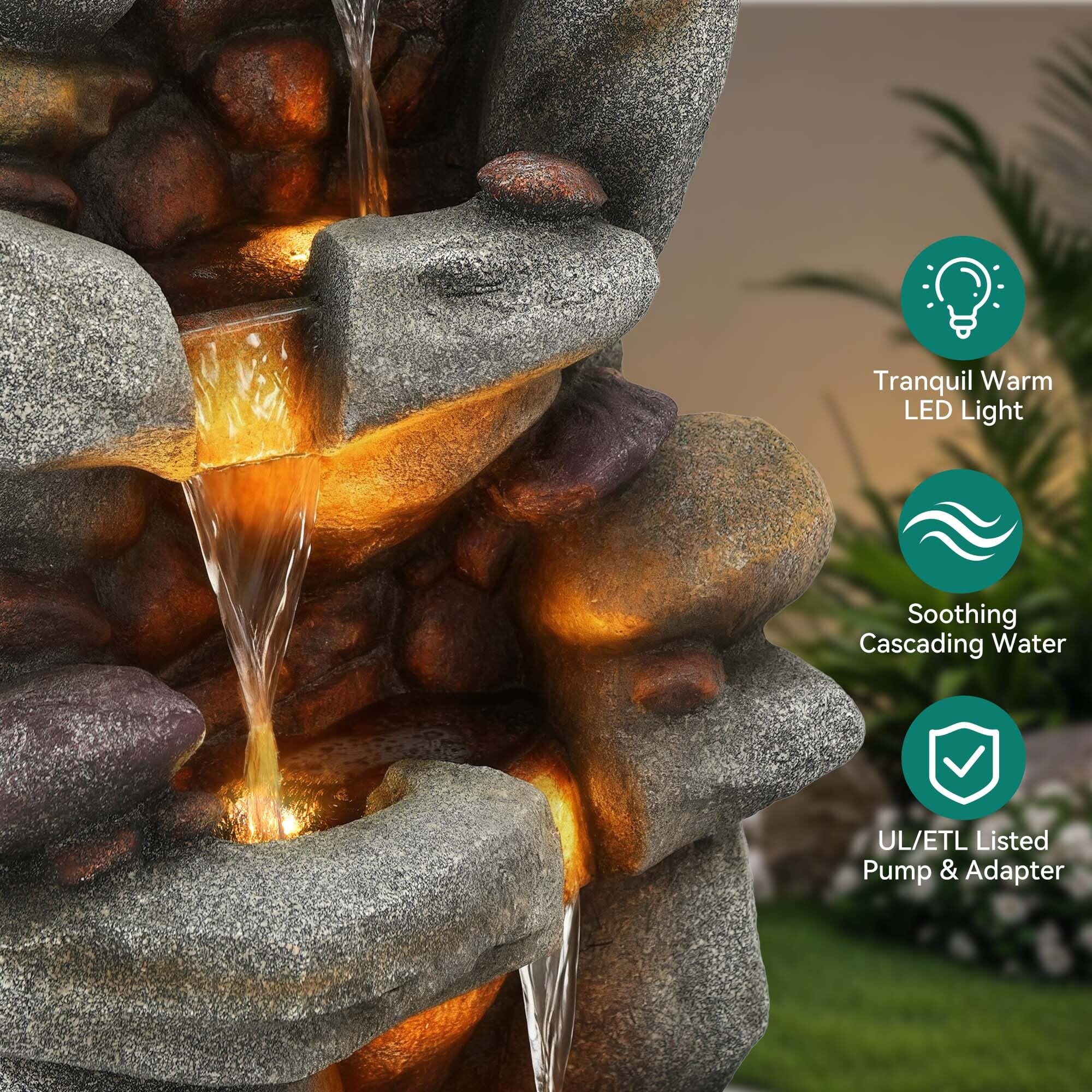 Utym 40" H Oversized Rock Outdoor Fountain with Warm LED Lights, 3-Tier Extra-Large Stacked River Pebbles Waterfall, Weather-Resistant Resin Feature for Garden Patio Yard