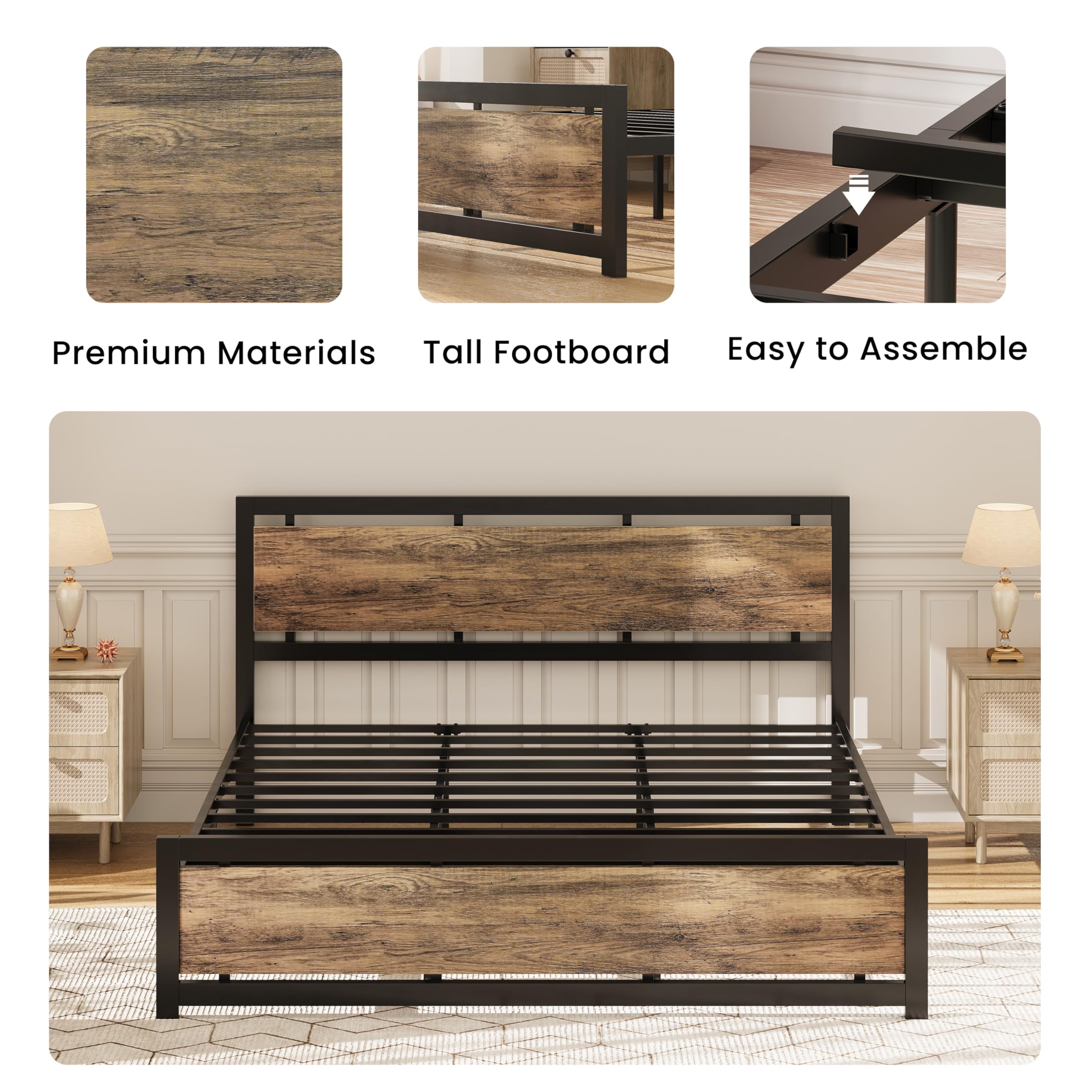 LIKIMIO California King Bed Frame with Headboard and Footboard, Metal Strong Supports, Easy Assembly, Noise-Free, No Box Spring Needed, Walnut
