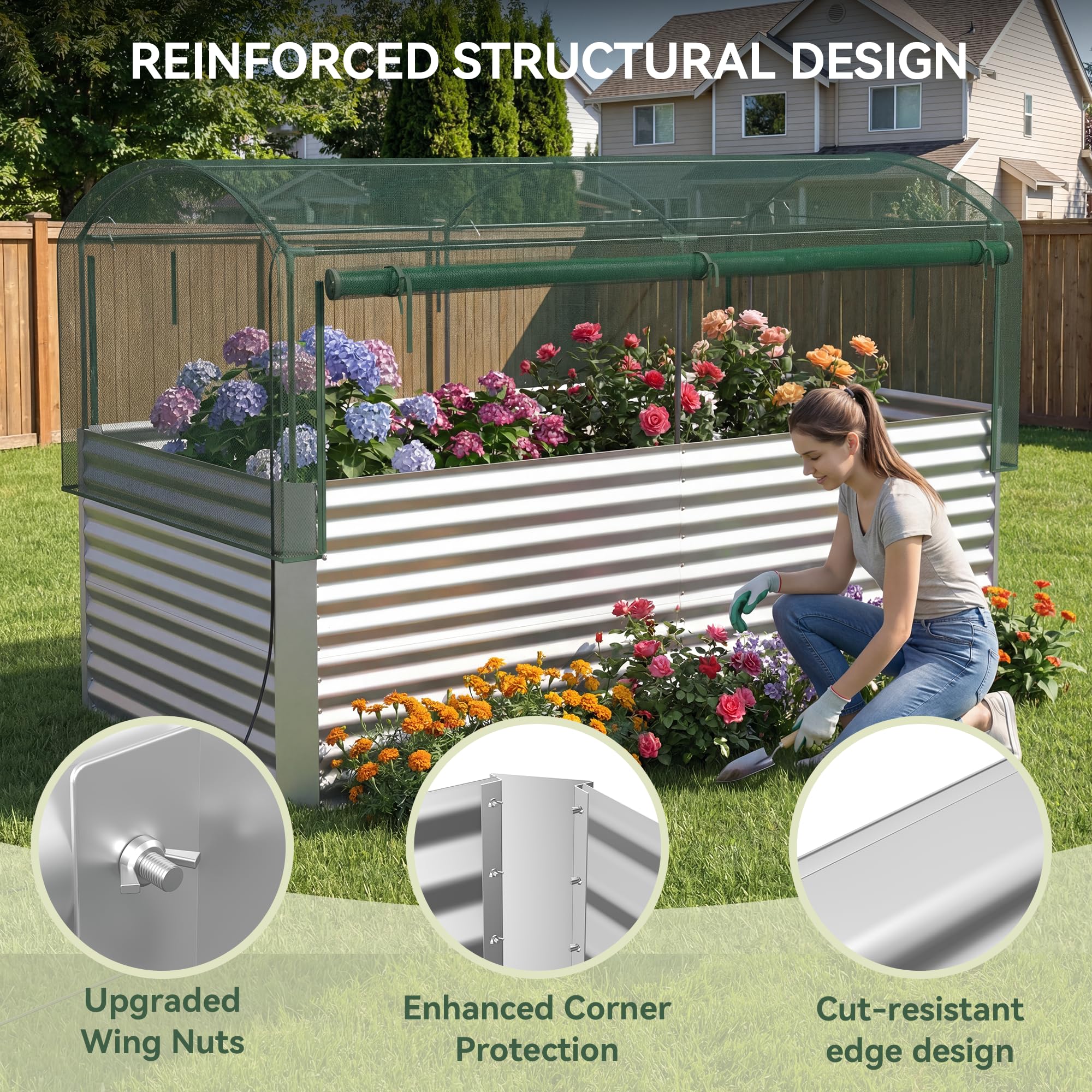 8x4x3 ft Tall Galvanized Raised Garden Bed with Self-Watering System, Elevated Planter Boxes Outdoor with Mesh Cover, Rectangular Deep Raised Beds for Gardening,Vegetables,Flower, Backyard, Patio