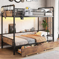 Jocoevol Metal LED Bunk Bed Twin Over Twin with 2 Storage Drawers, USB Charging Station, Industrial Bunkbeds Heavy Duty Bed with Safety Guardrail and Ladder, No Box Spring Needed, Vintage Brown