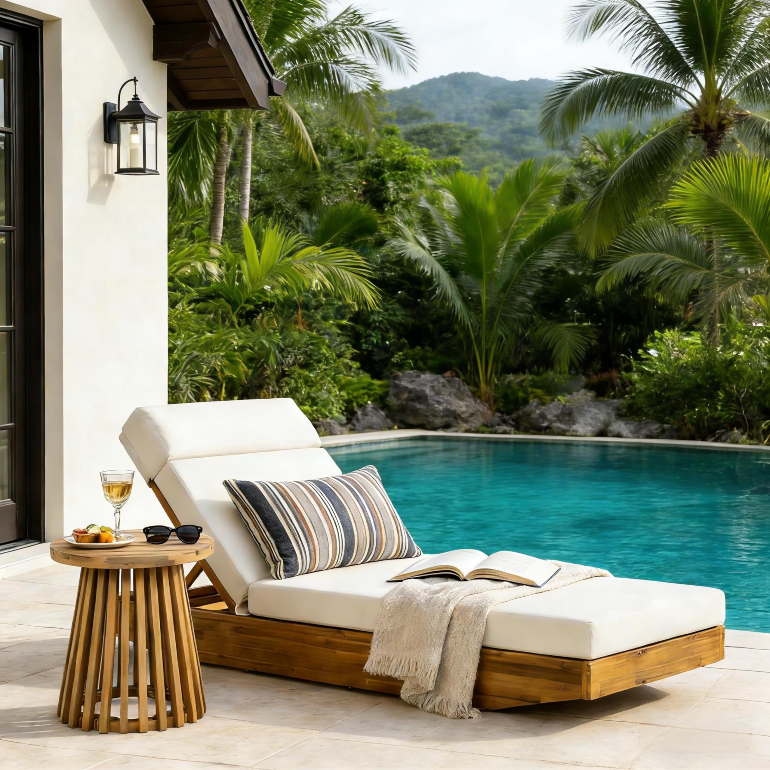 Modern Acacia Wood Outdoor Chaise Lounge with Cream Water-Repellent Cushion & Integrated Headrest, Adjustable & Foldable Design for Patio, Poolside, Garden