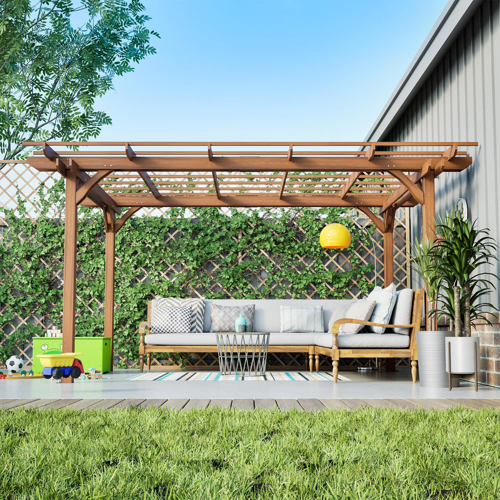 Outdoor Wooden Pergola, Fir Wood, 12x10 Ft, for Patio, Backyard, Garden, Lawn, Natural Brown