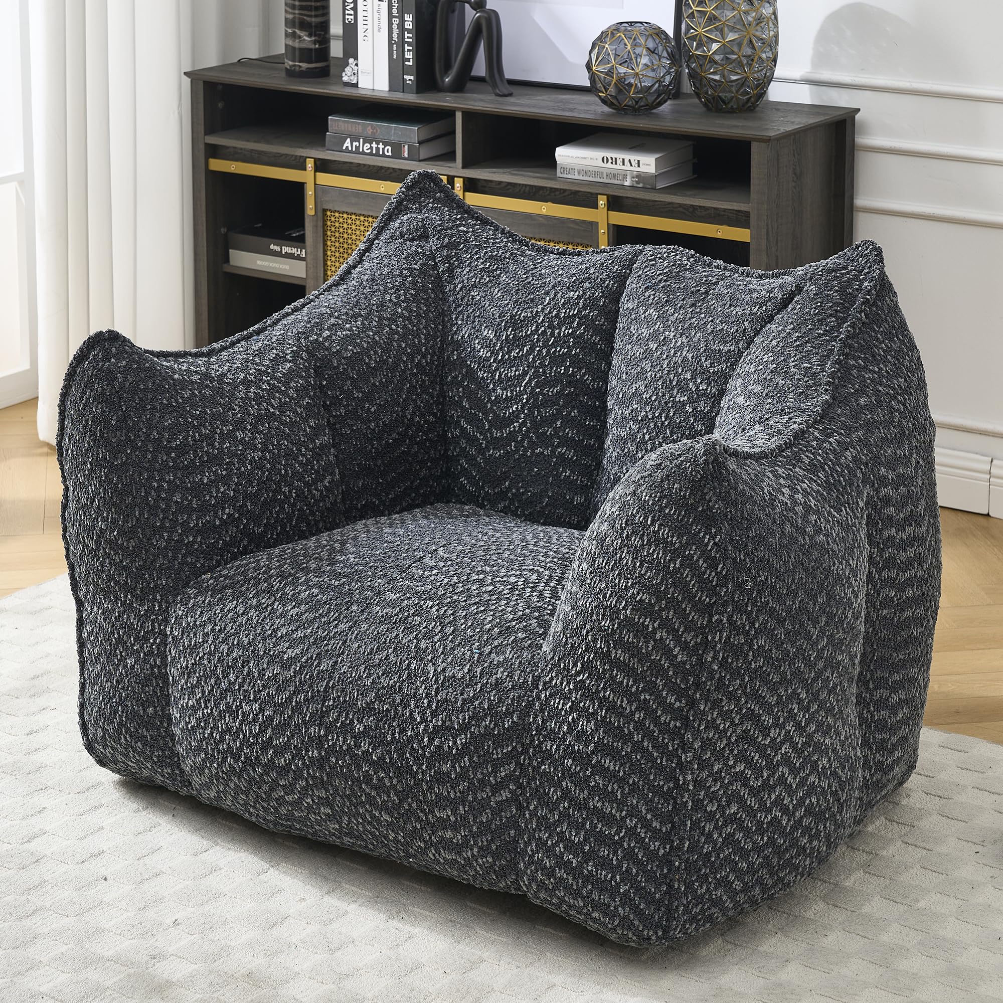 Large Chenille Bean Bag Chair for Adults - Oversized Square Lazy Sofa, Comfortable Gaming Reading TV Seat, 47.2" W x 36.2" D, Black, Living Room & Bedroom Essential
